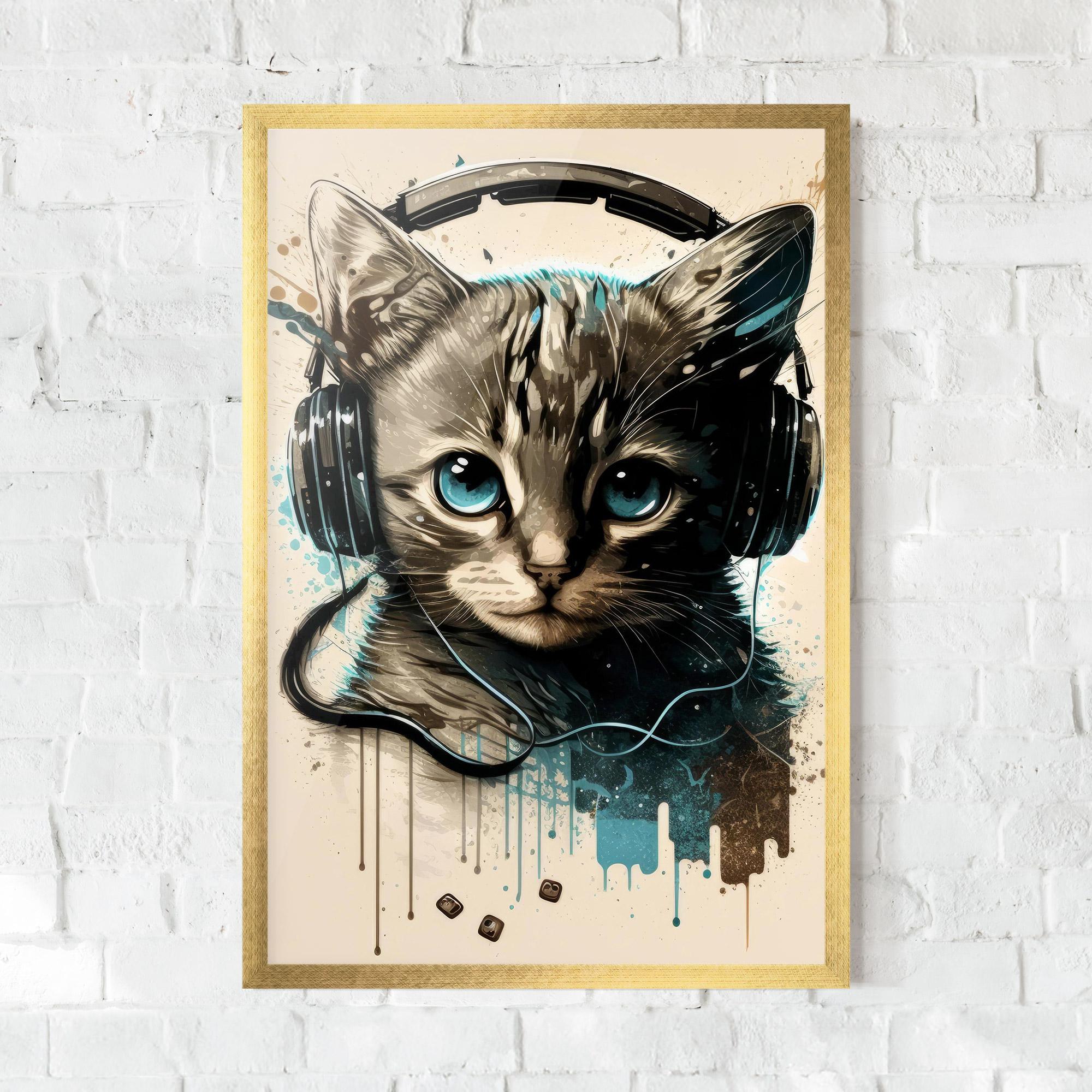 Gerahmte Poster Headphones Cute Cat mockup 0