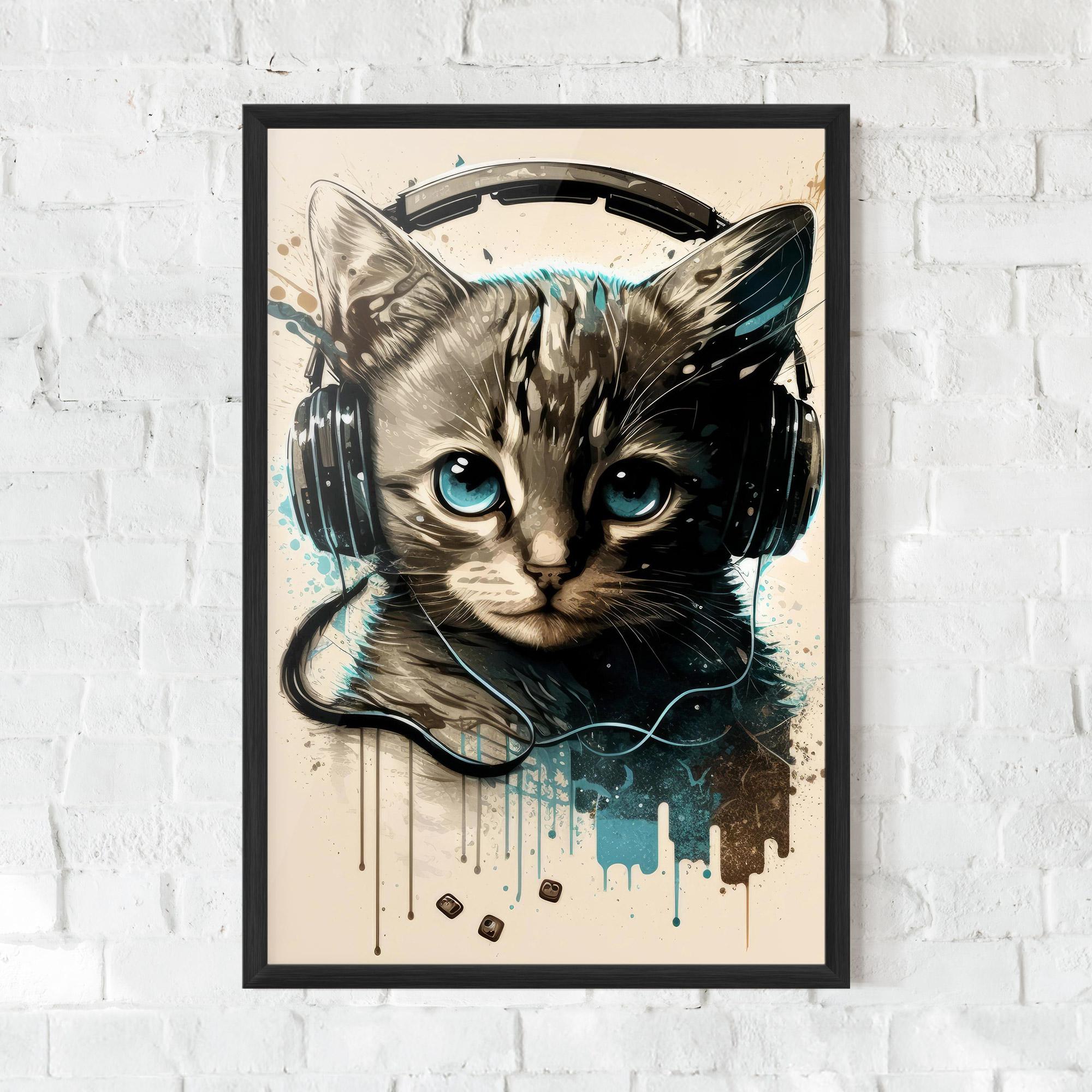 Gerahmte Poster Headphones Cute Cat mockup 0