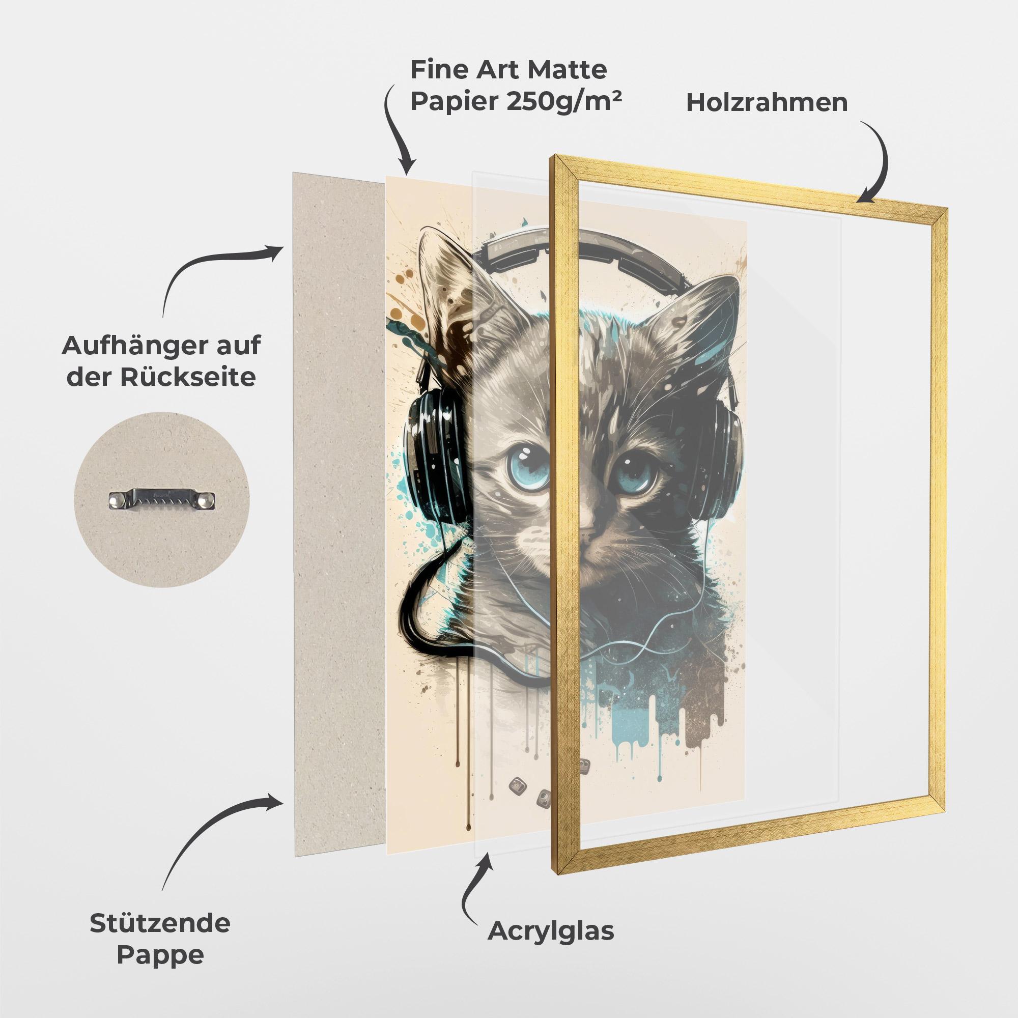 Gerahmte Poster Headphones Cute Cat mockup 1