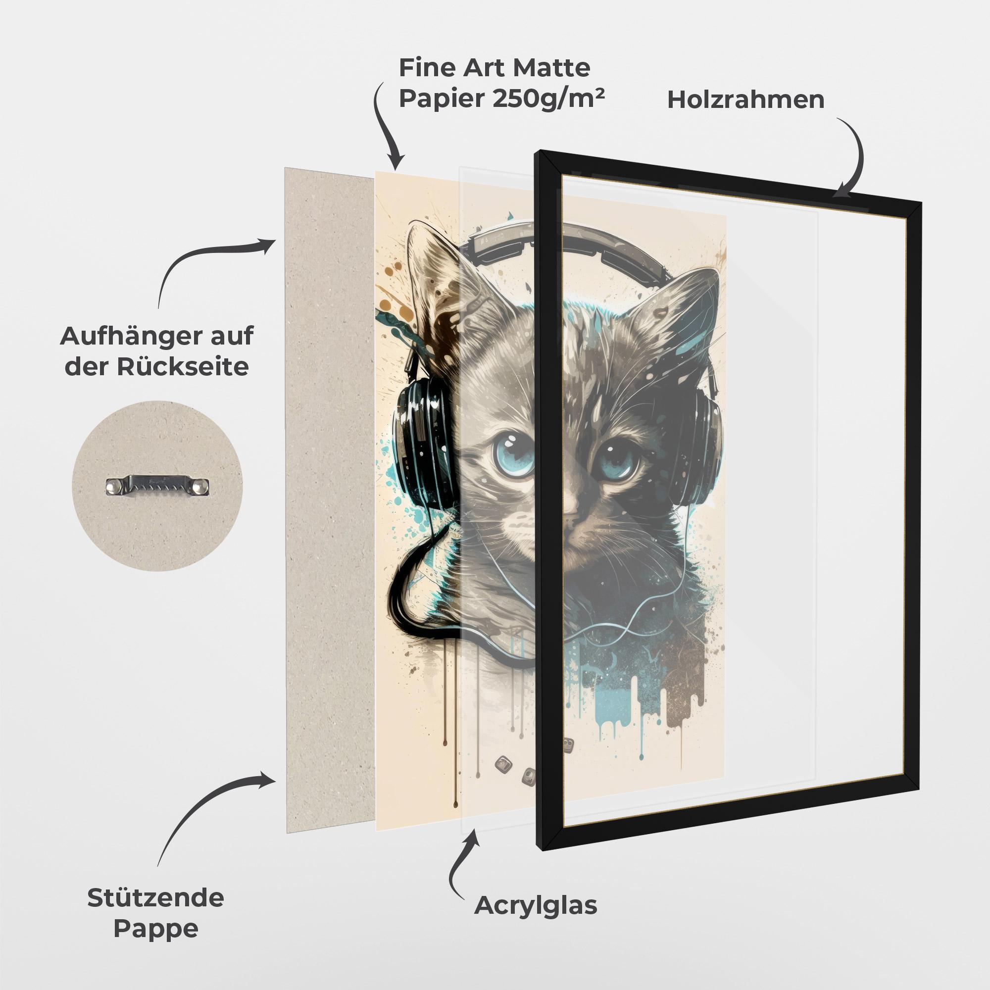 Gerahmte Poster Headphones Cute Cat mockup 1