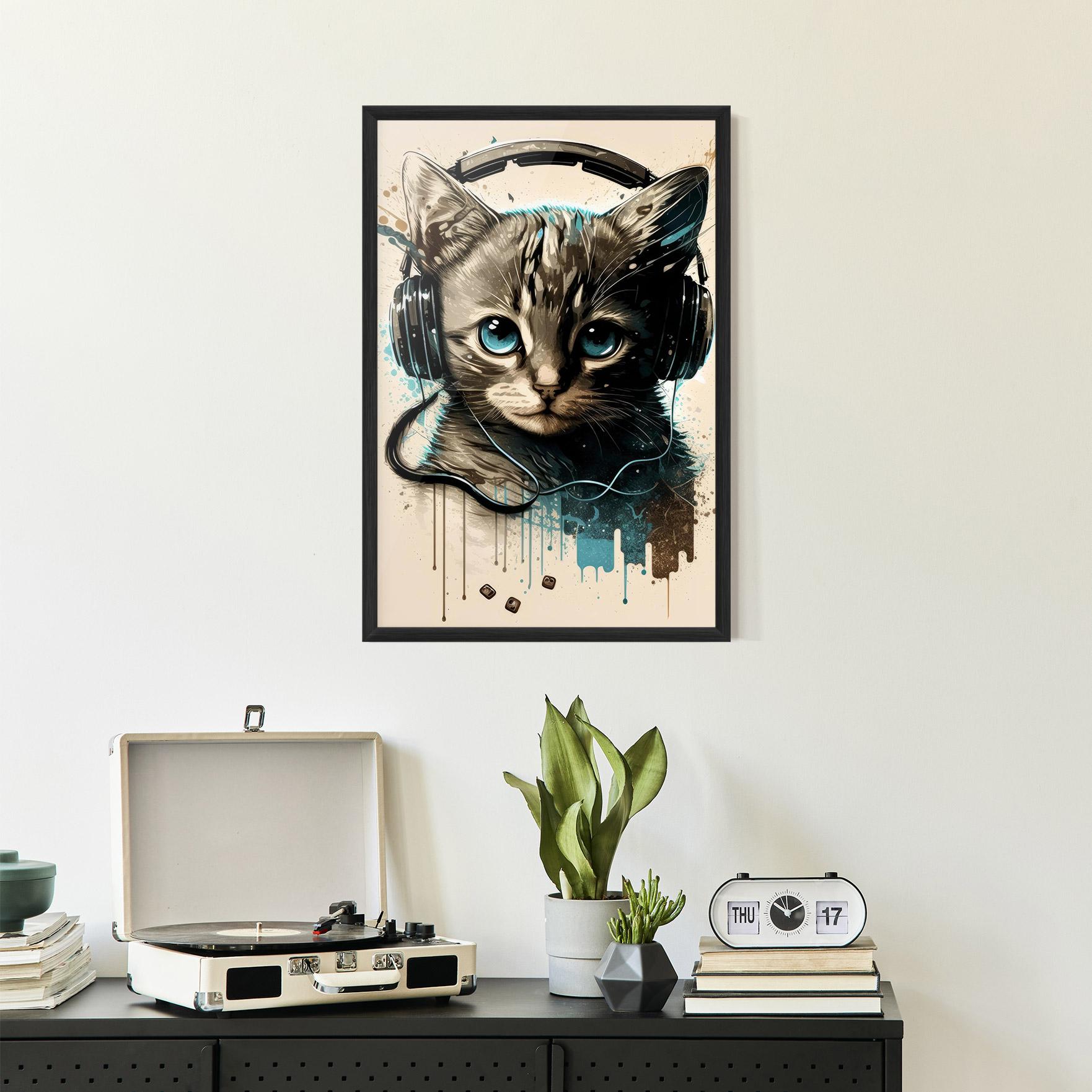 Gerahmte Poster Headphones Cute Cat mockup 2