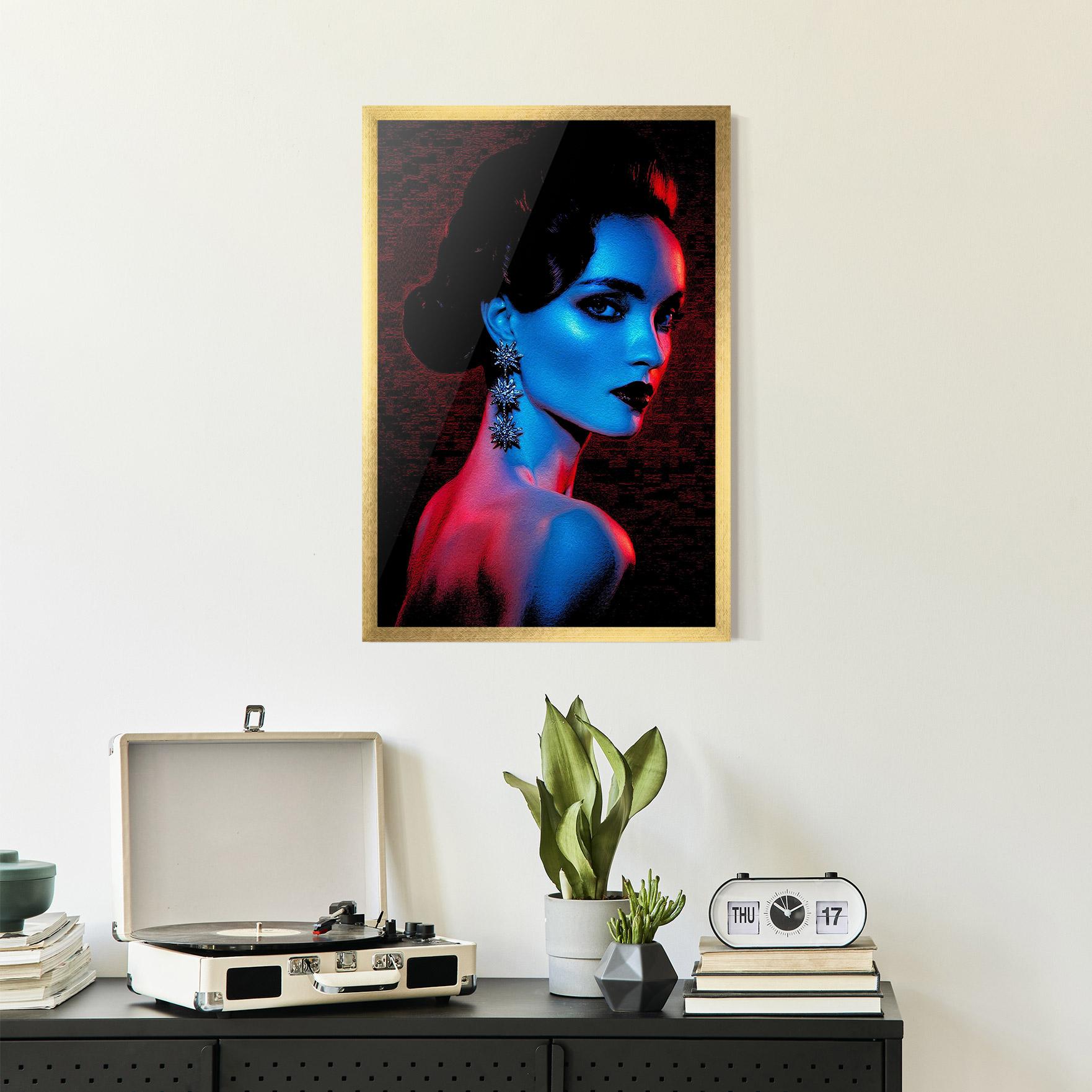 Gerahmte Poster Red Blue Earrings mockup 2