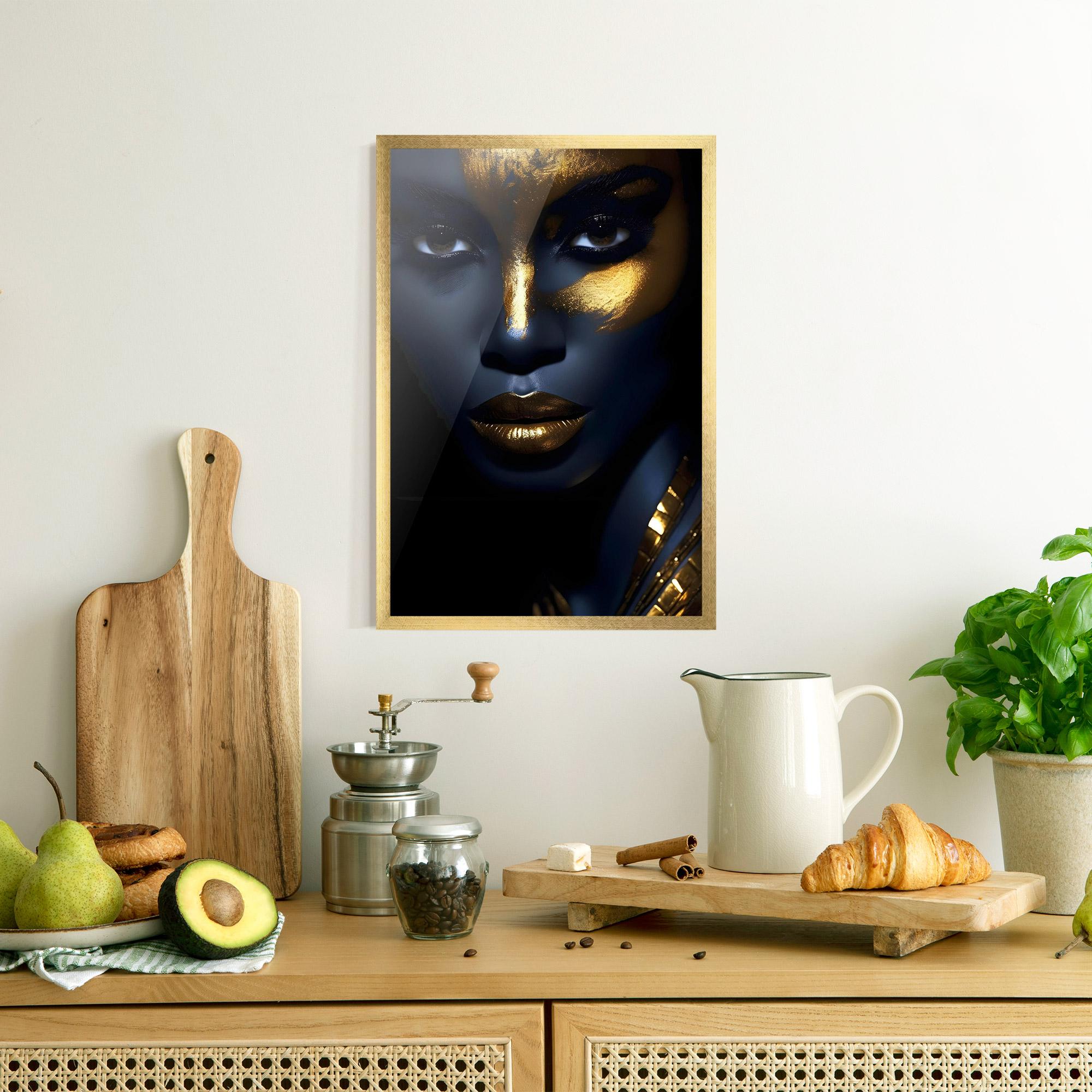 Gerahmte Poster Gold Blue Face mockup 8