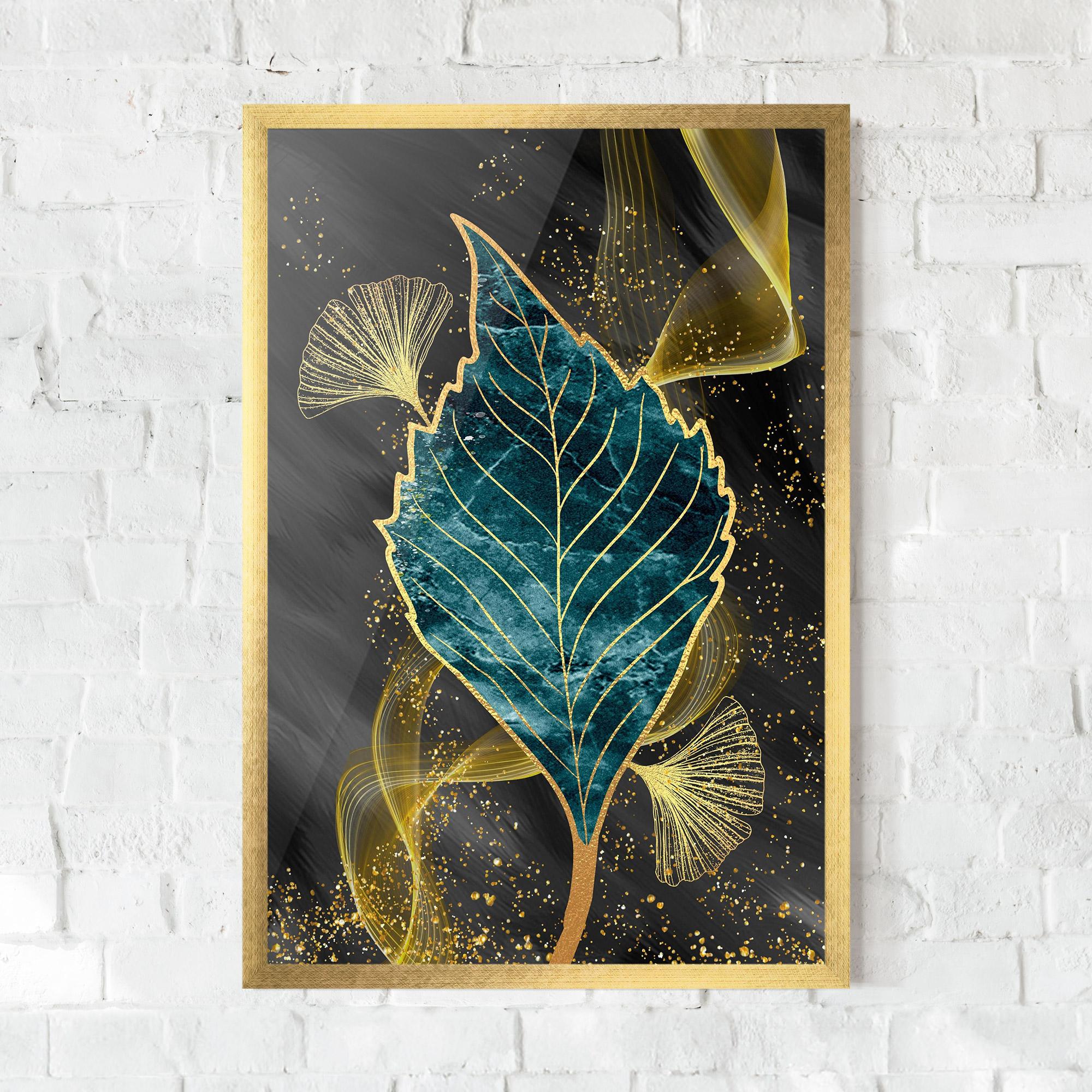Gerahmte Poster Golden Leaves Blue mockup 0