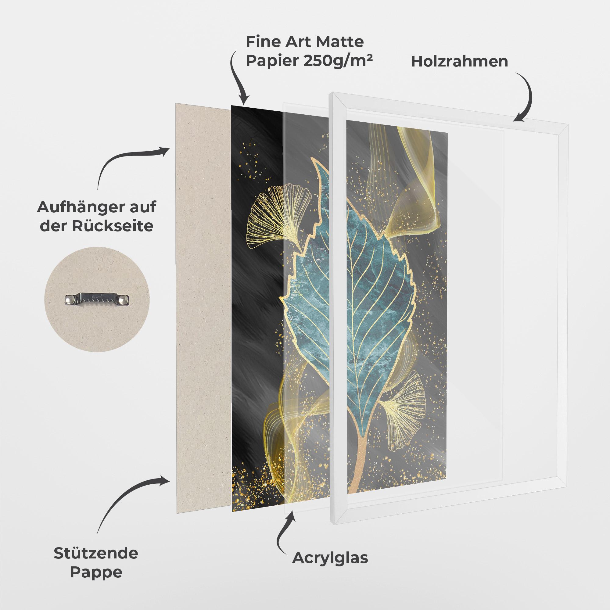 Gerahmte Poster Golden Leaves Blue mockup 1