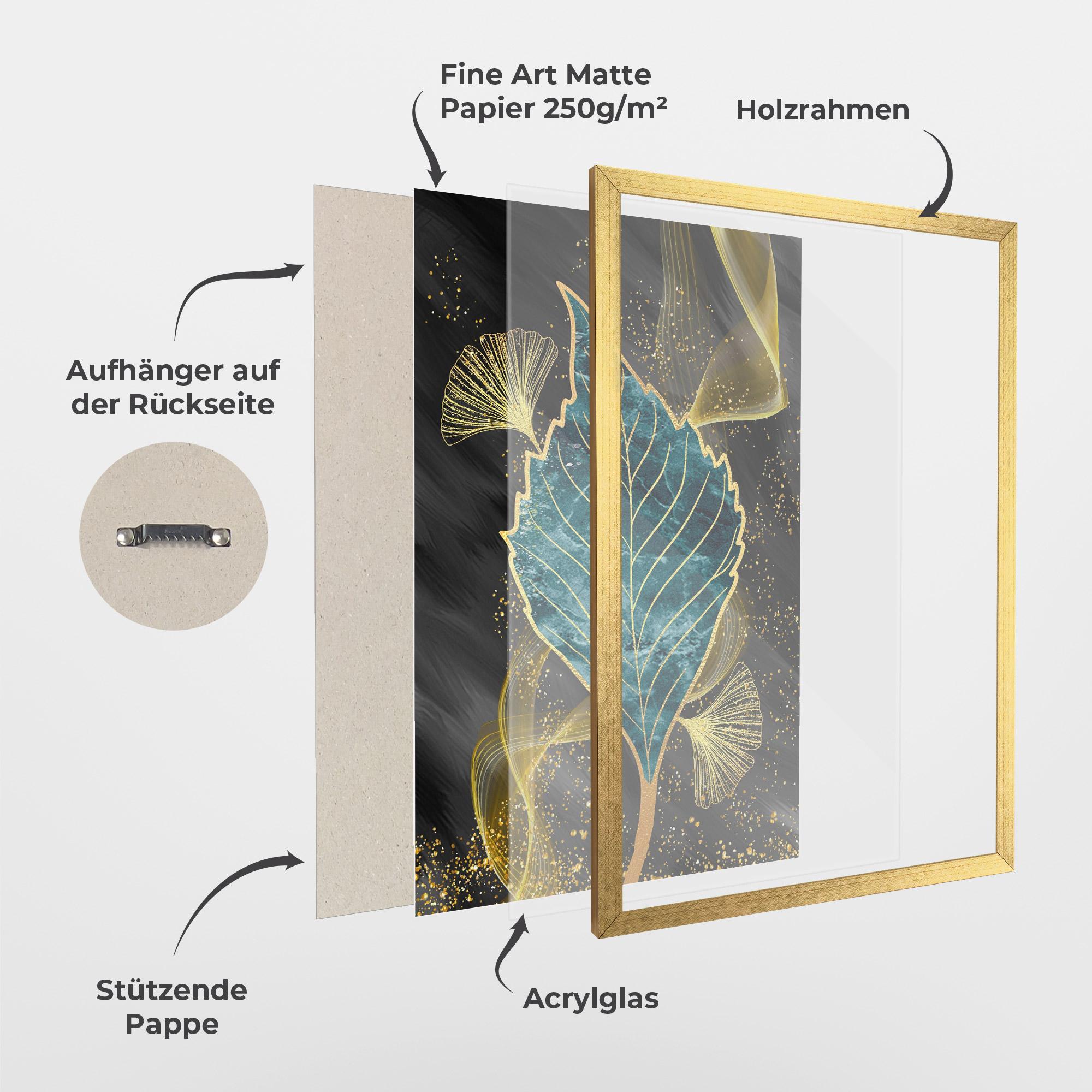 Gerahmte Poster Golden Leaves Blue mockup 1