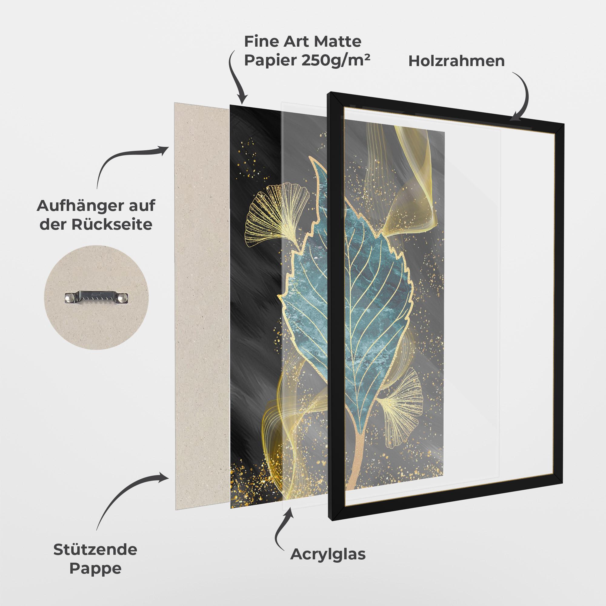 Gerahmte Poster Golden Leaves Blue mockup 1