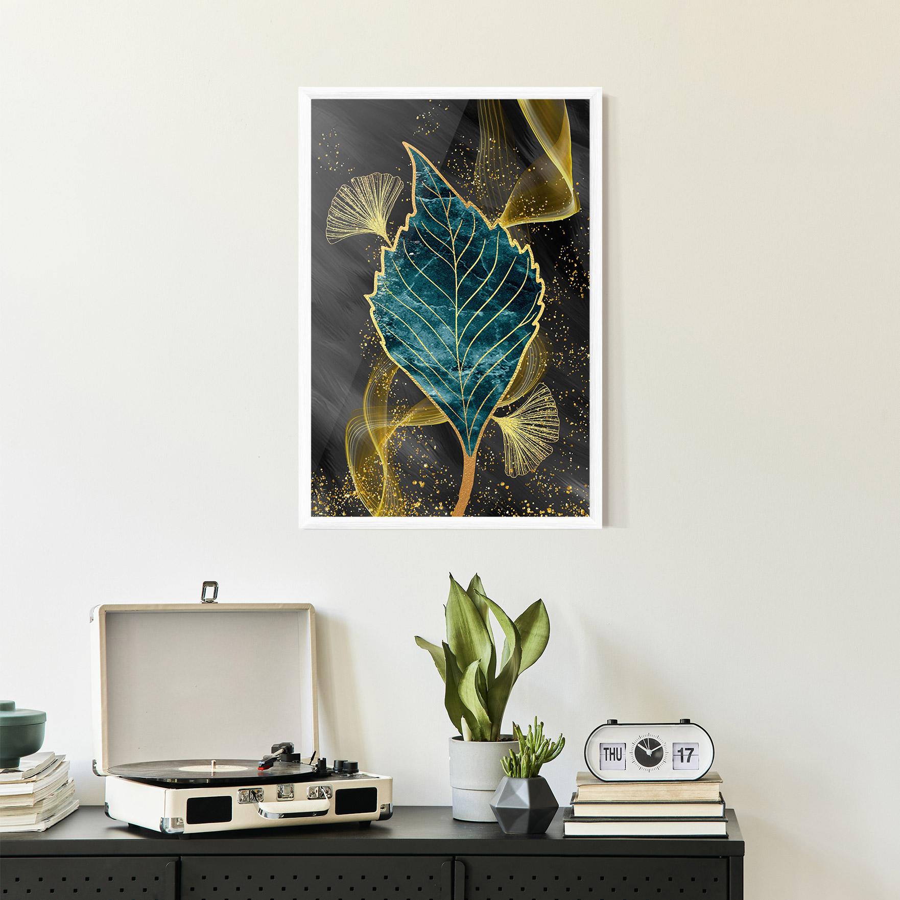 Gerahmte Poster Golden Leaves Blue mockup 2