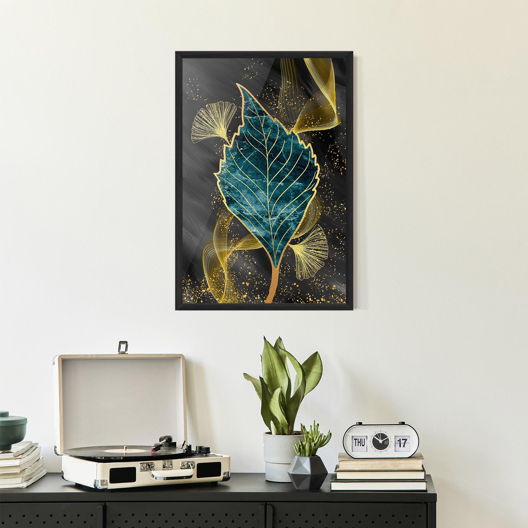 Gerahmte Poster Golden Leaves Blue mockup 2