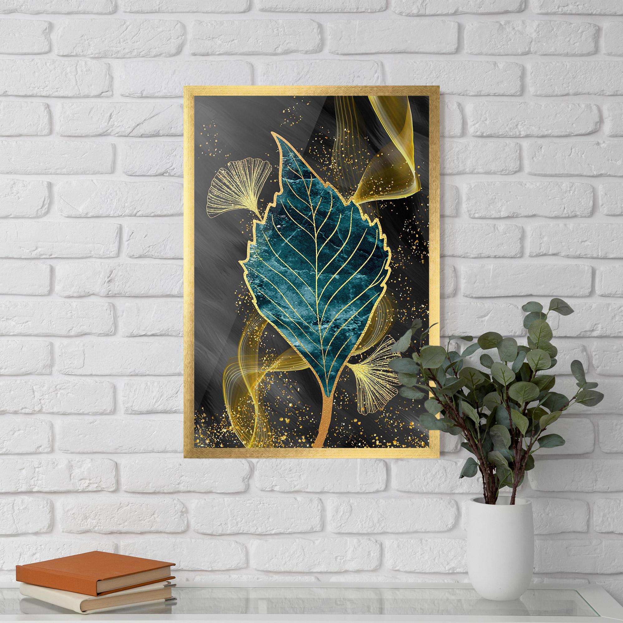 Gerahmte Poster Golden Leaves Blue mockup 5