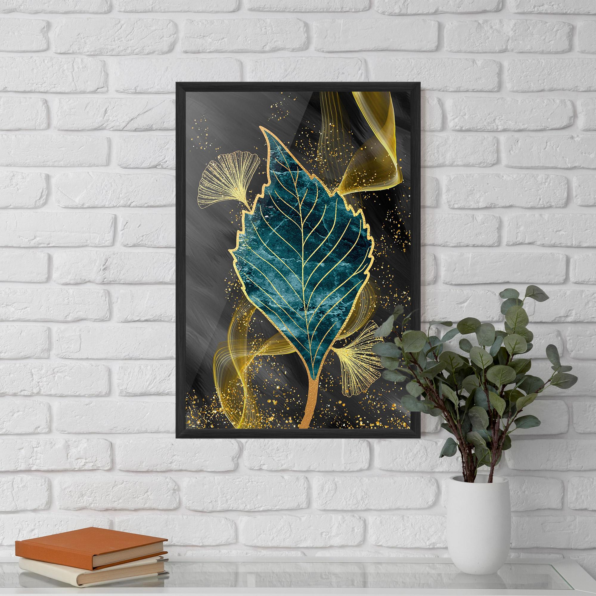 Gerahmte Poster Golden Leaves Blue mockup 5