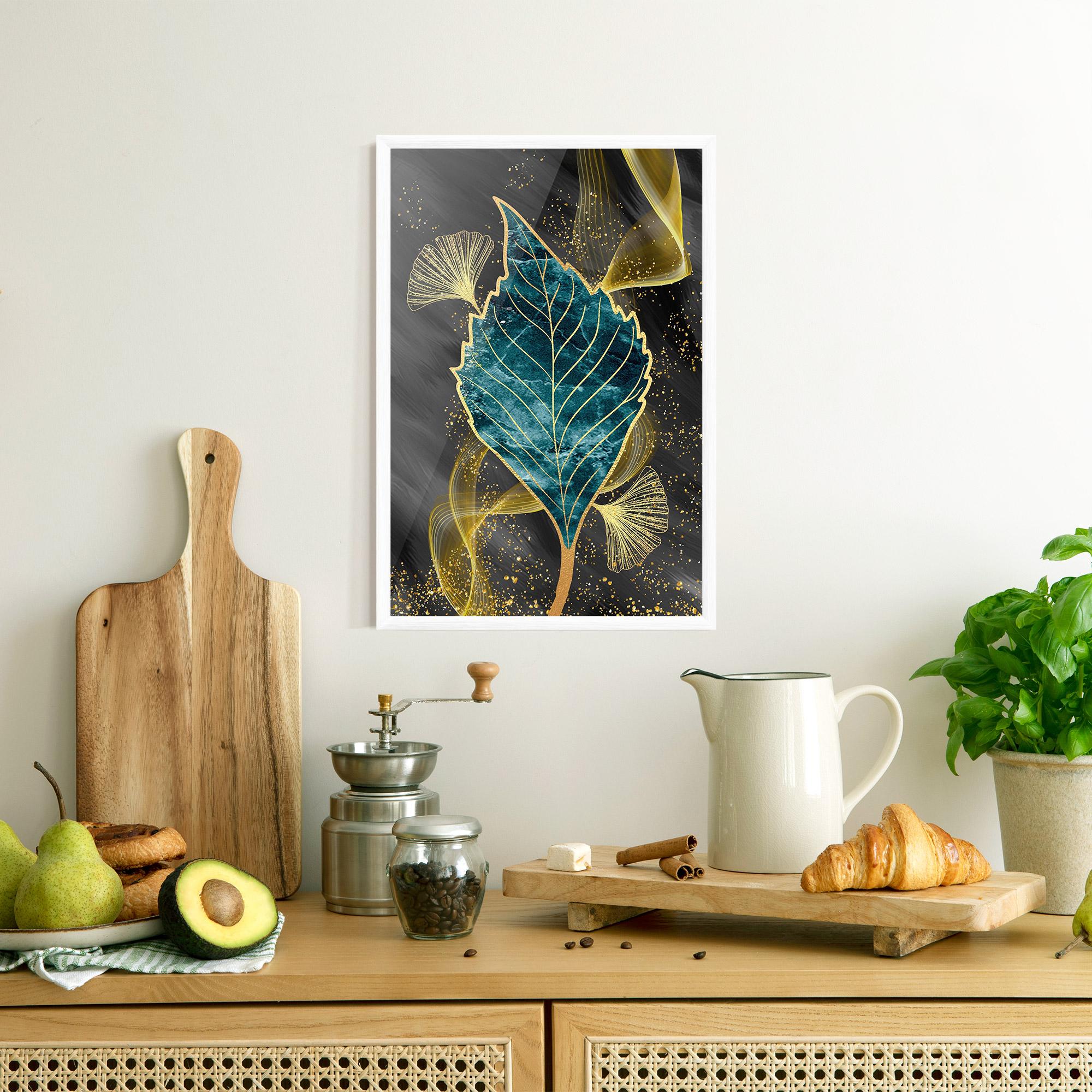 Gerahmte Poster Golden Leaves Blue mockup 8