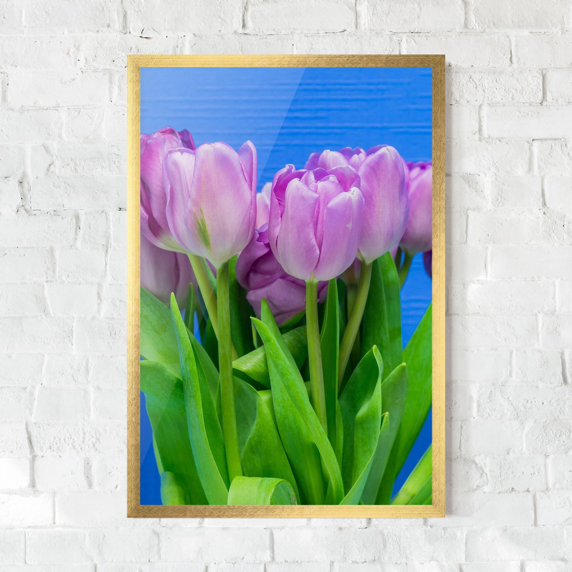 Gerahmte Poster Purple Tulips On Blue mockup 0