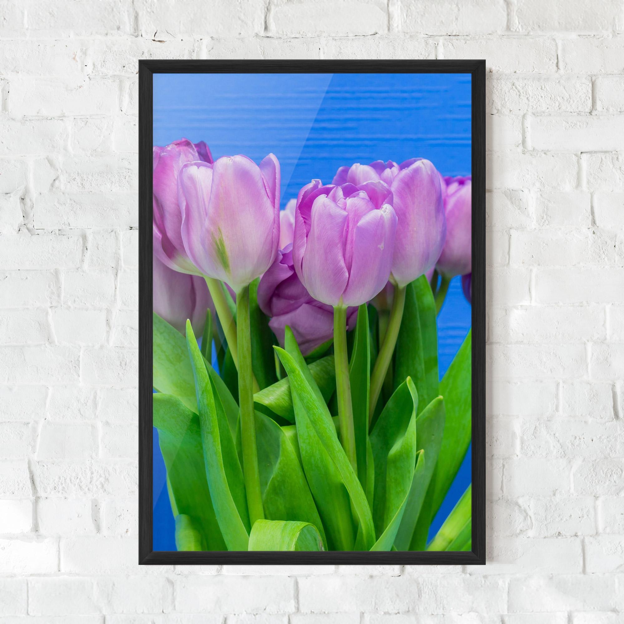 Gerahmte Poster Purple Tulips On Blue mockup 0