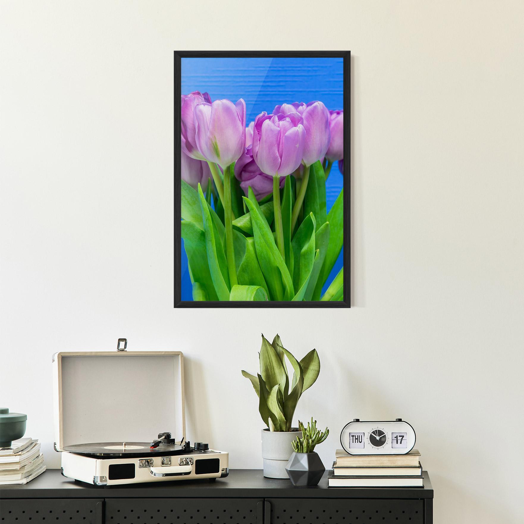 Gerahmte Poster Purple Tulips On Blue mockup 2