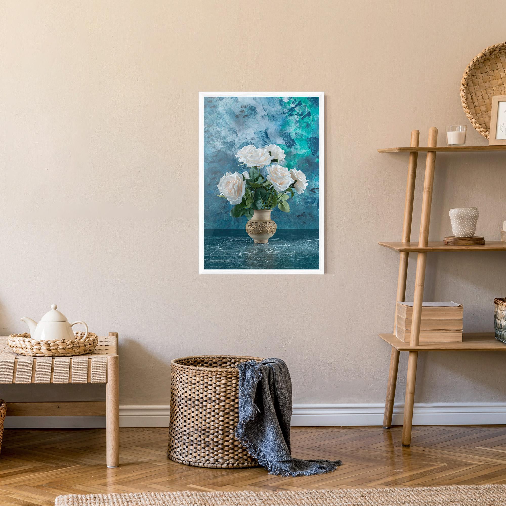 Gerahmte Poster White Roses On Blue mockup 9