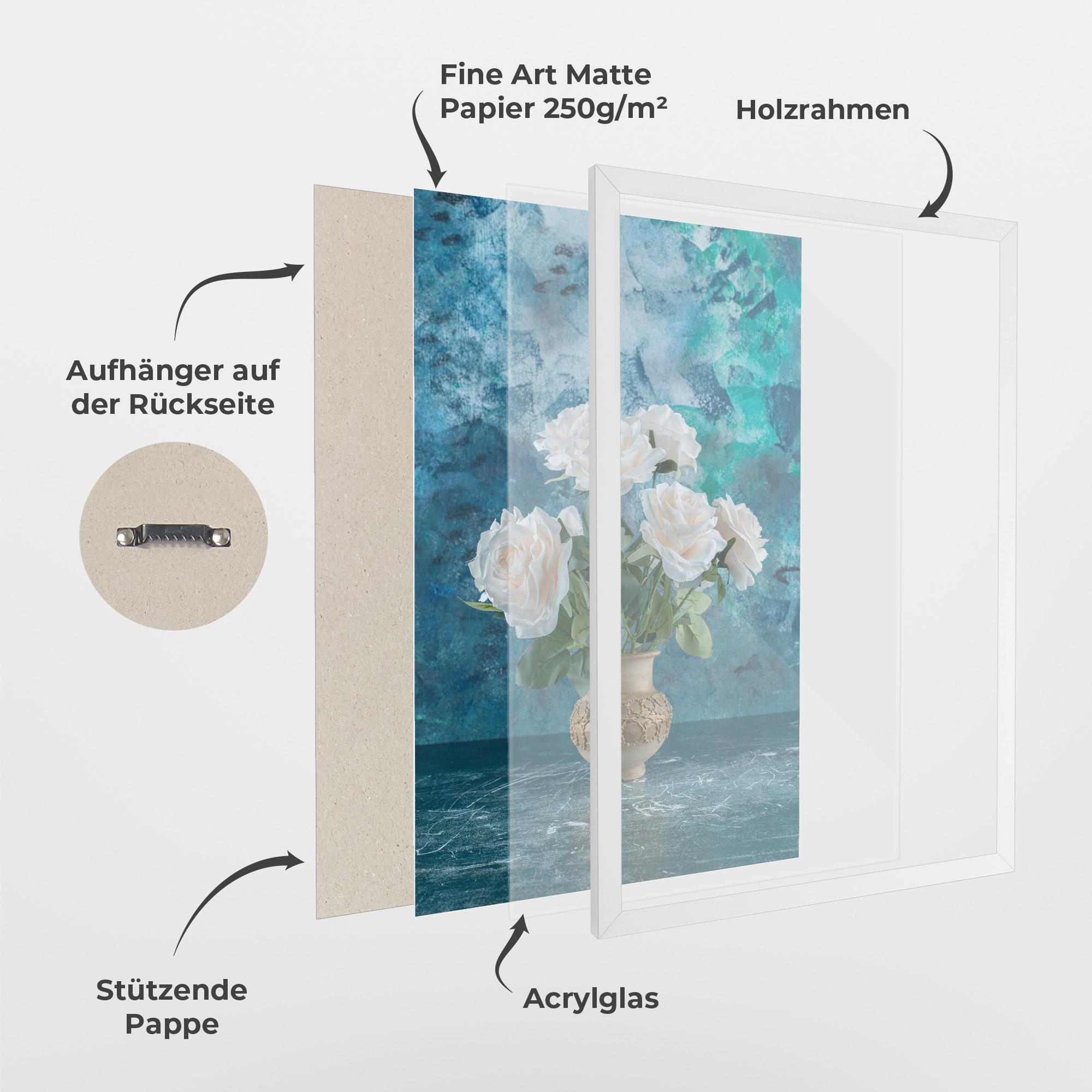 Gerahmte Poster White Roses On Blue mockup 1