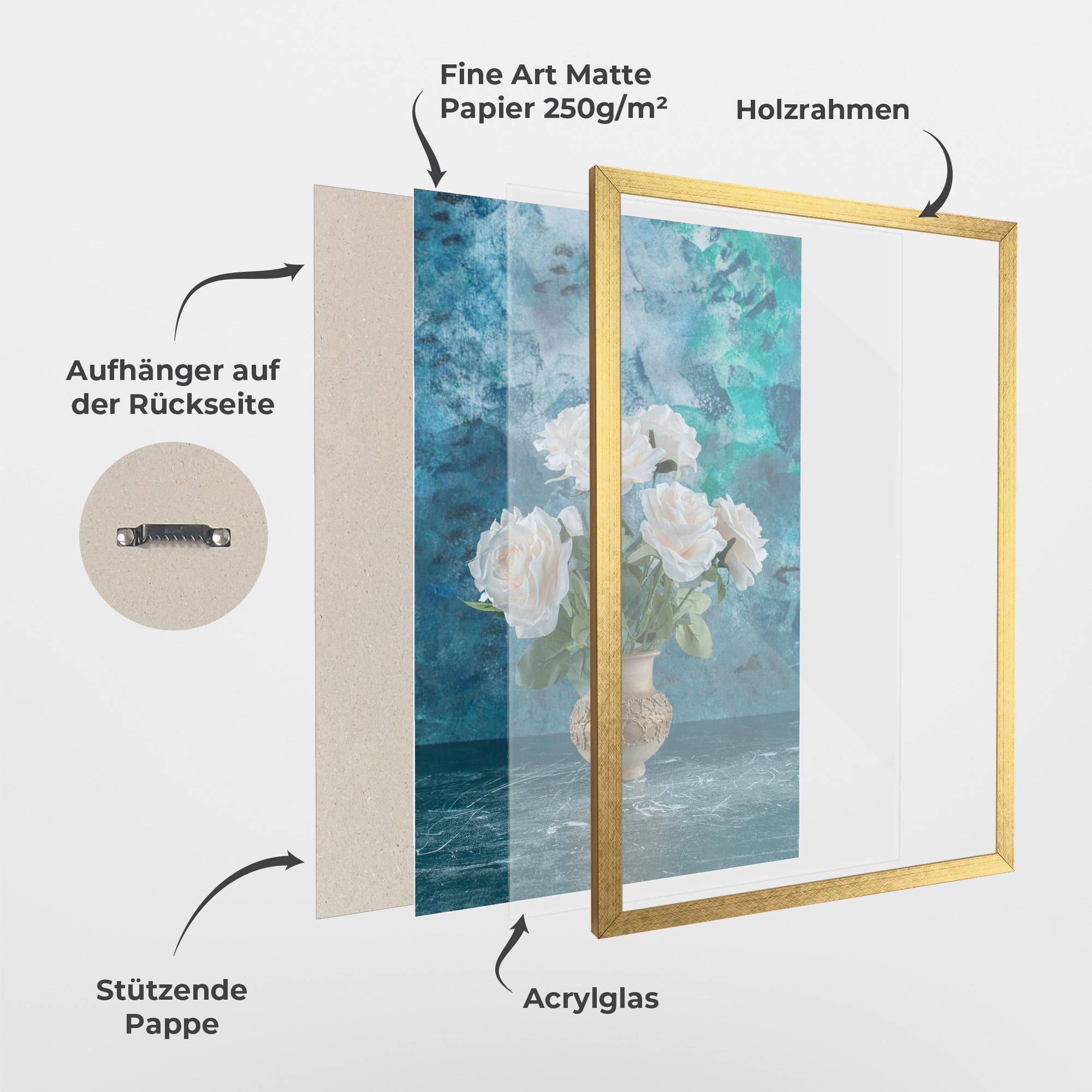 Gerahmte Poster White Roses On Blue mockup 1