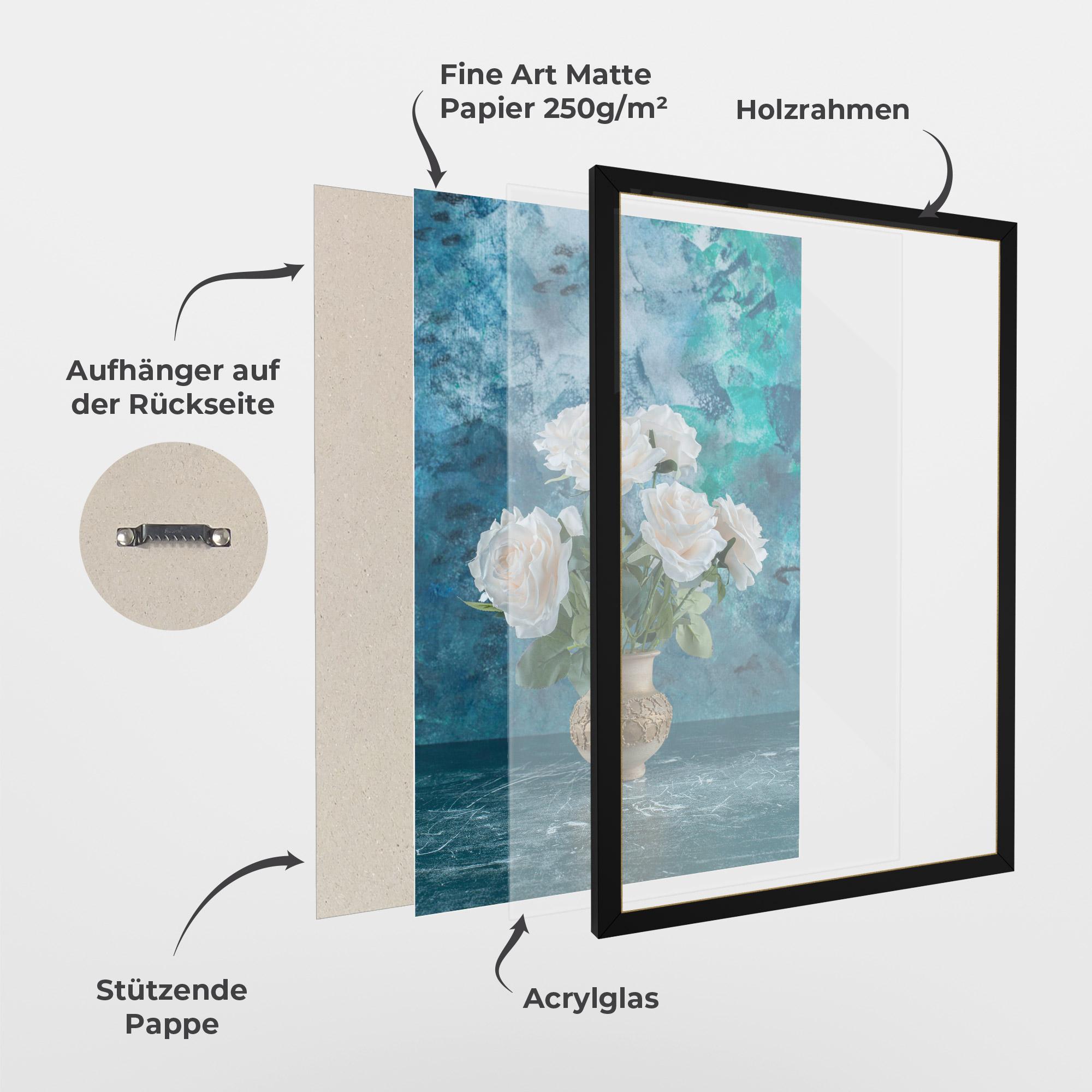 Gerahmte Poster White Roses On Blue mockup 1