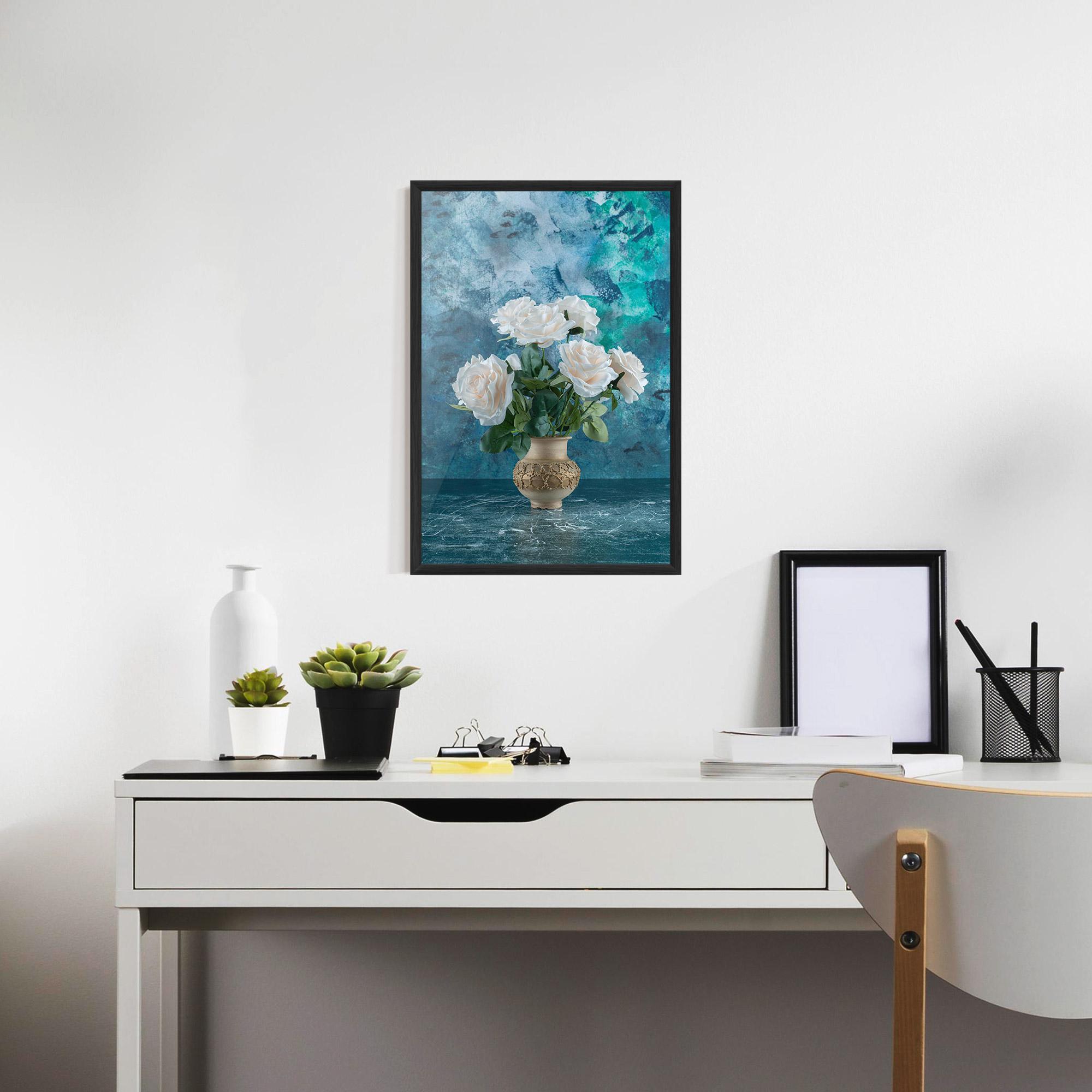 Gerahmte Poster White Roses On Blue mockup 7