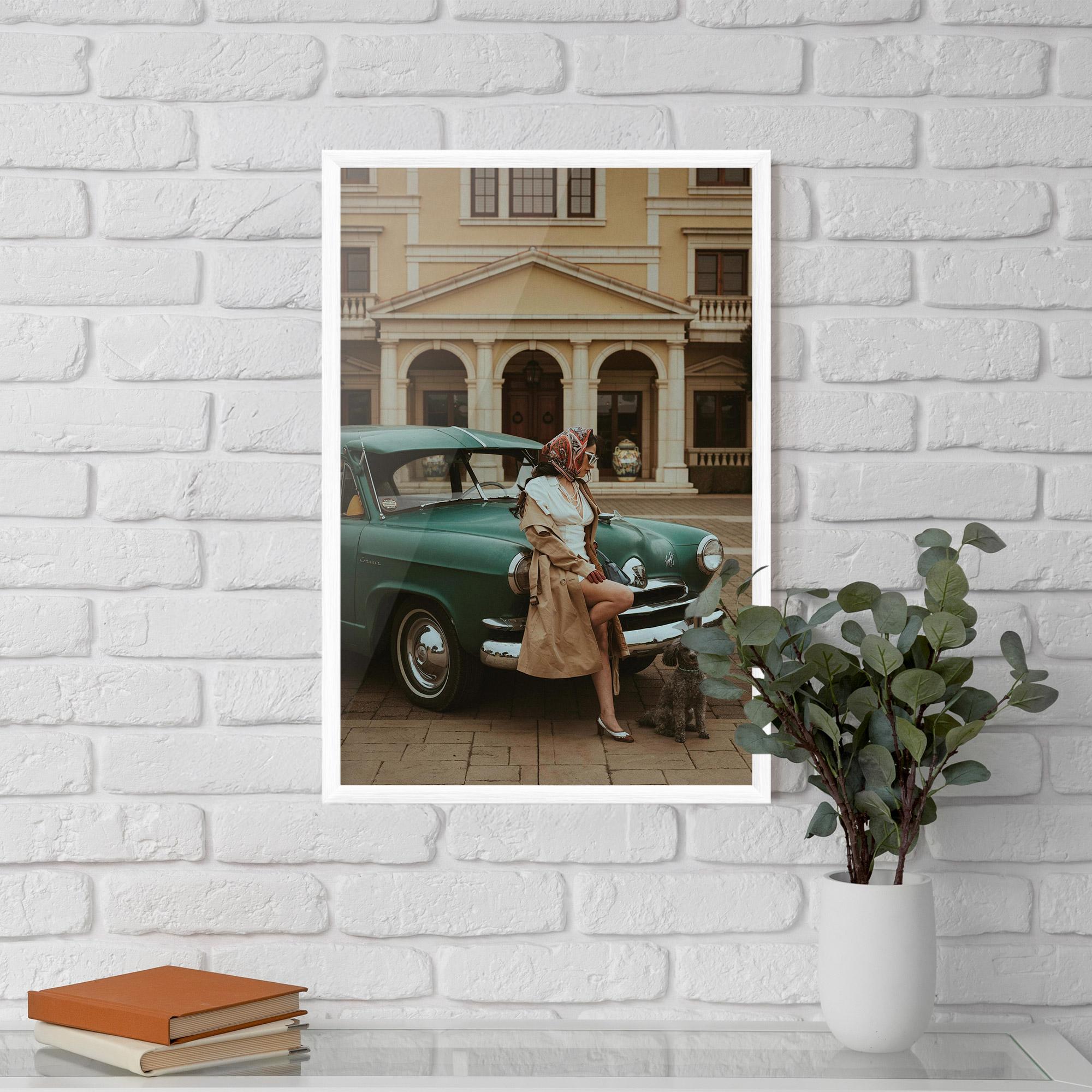 Gerahmte Poster Vintage Lady Car mockup 5