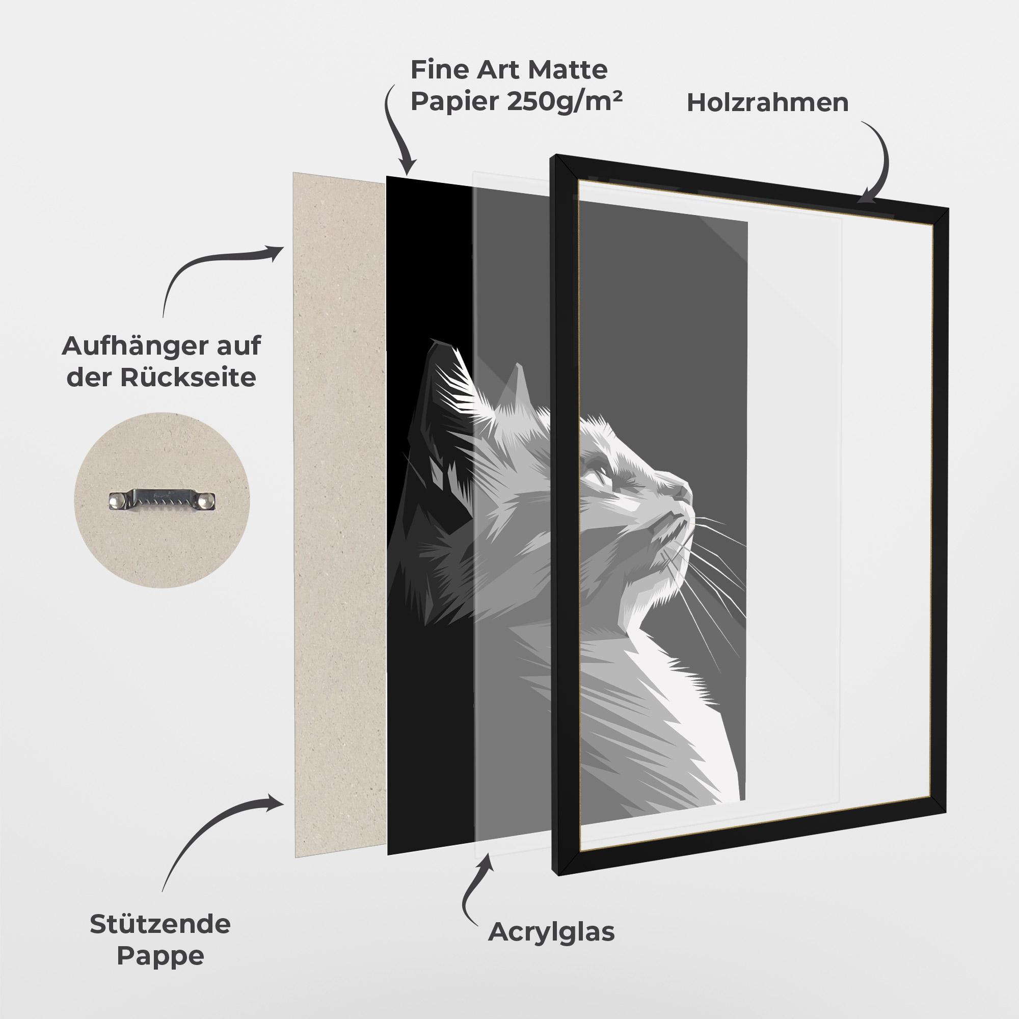 Gerahmte Poster Grey Cat On Black mockup 1