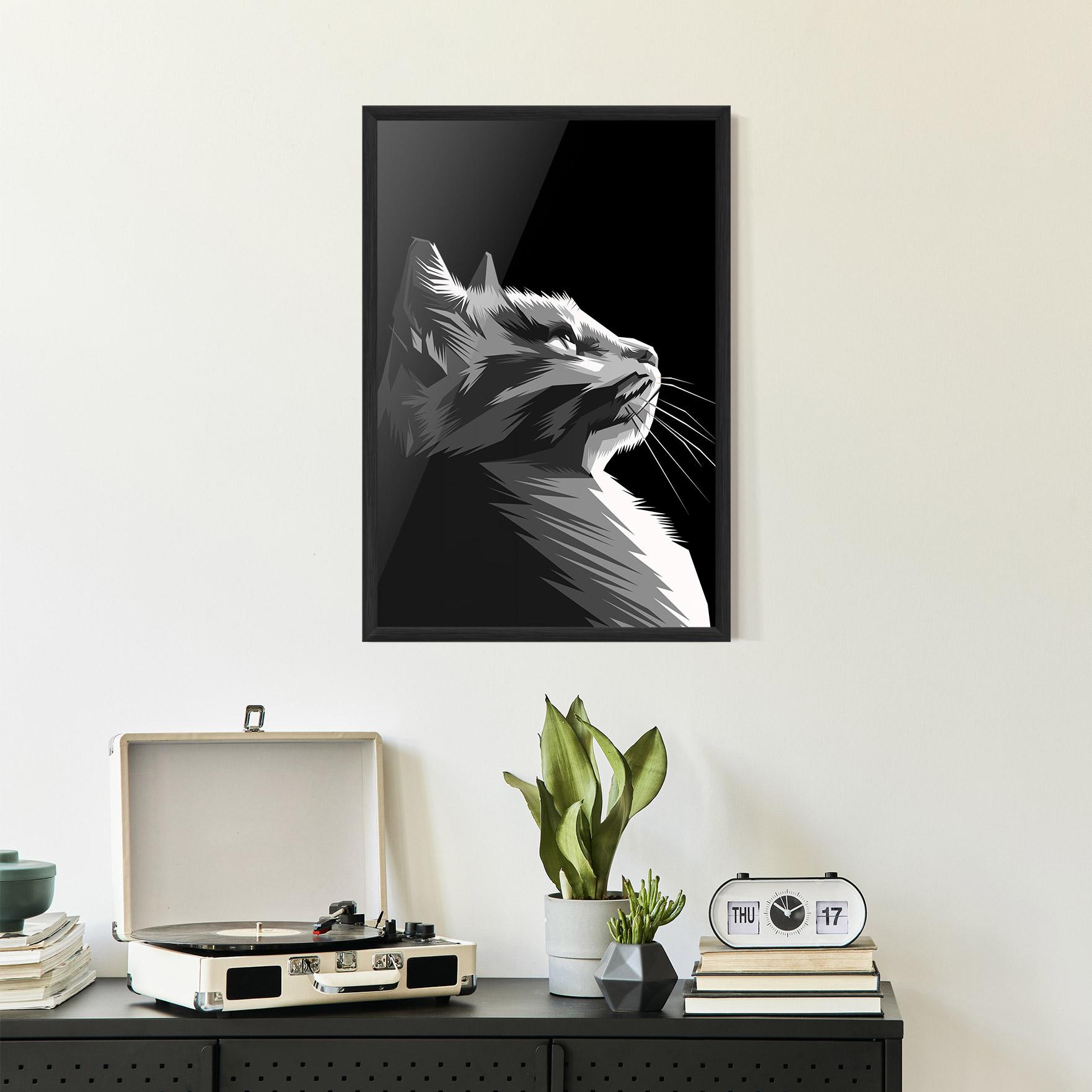 Gerahmte Poster Grey Cat On Black mockup 2