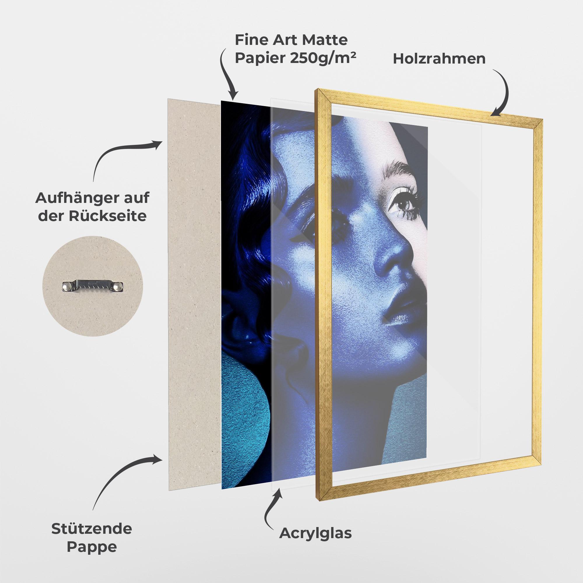 Gerahmte Poster Blue White Face Art mockup 1