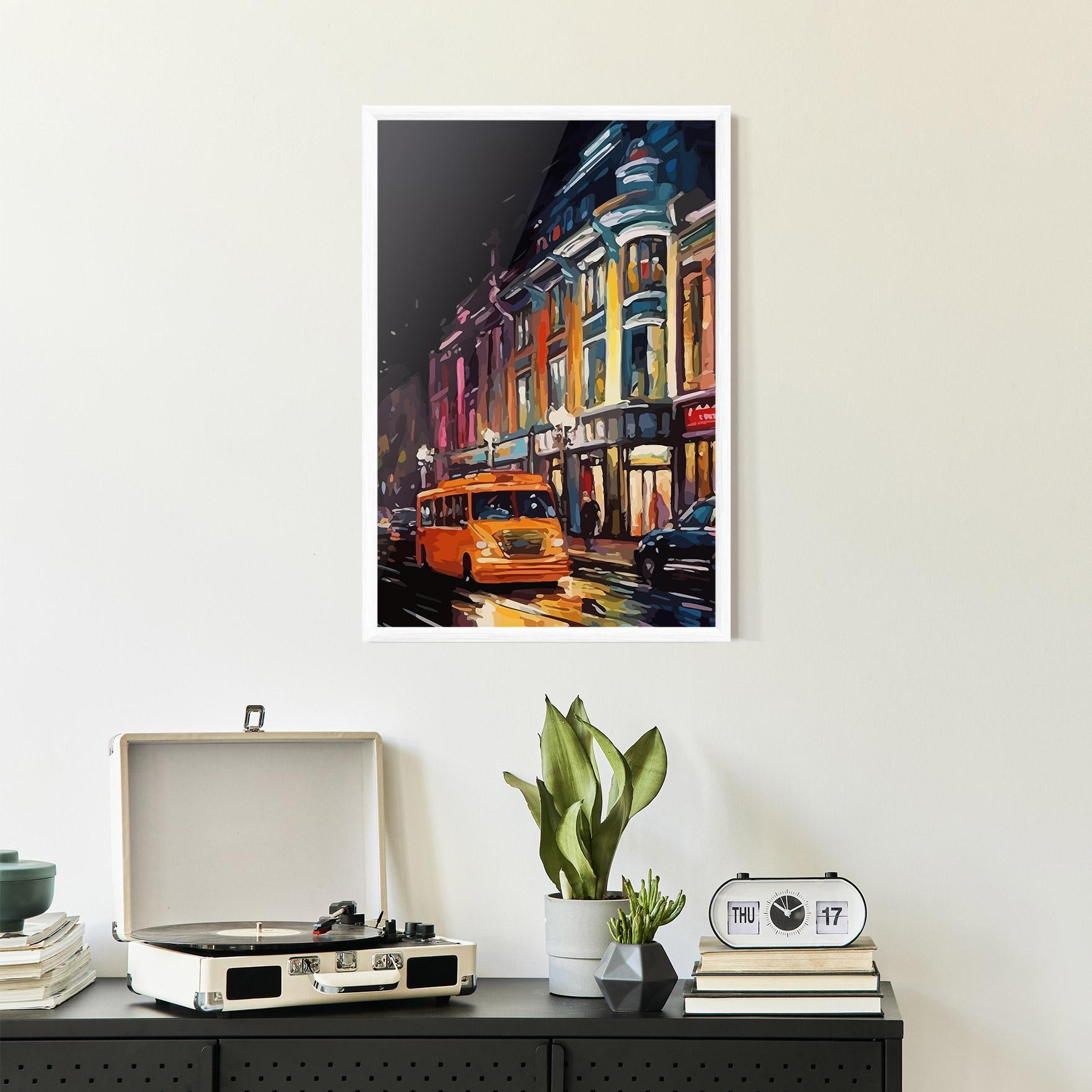 Gerahmte Poster Yellow Car City Art mockup 2