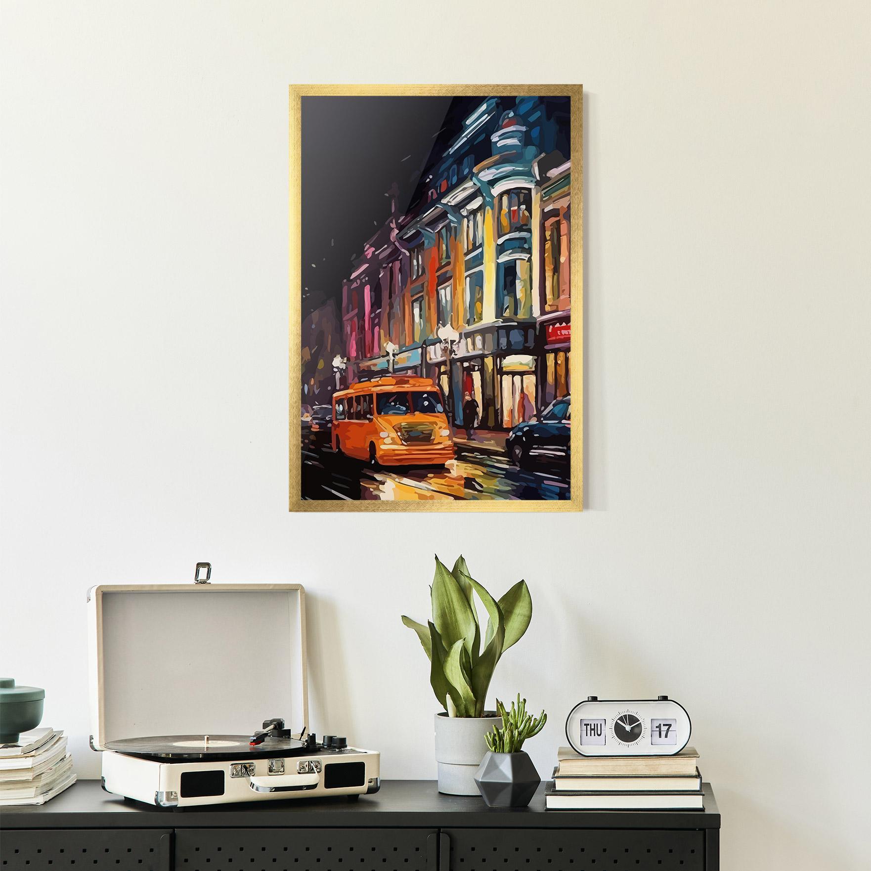 Gerahmte Poster Yellow Car City Art mockup 2