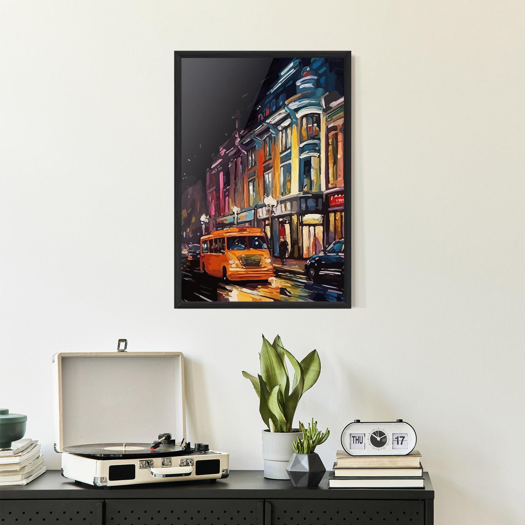 Gerahmte Poster Yellow Car City Art mockup 2