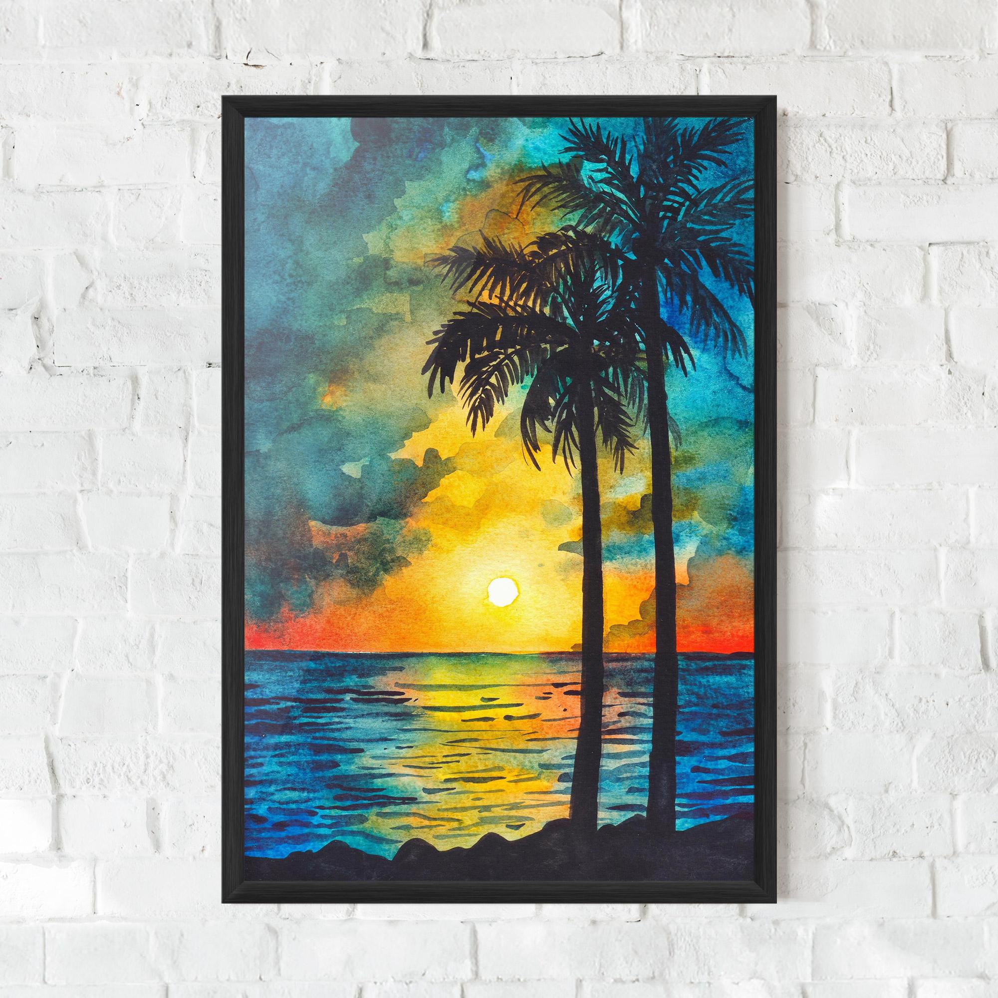 Gerahmte Poster Sunset Landscape Watercolor mockup 0