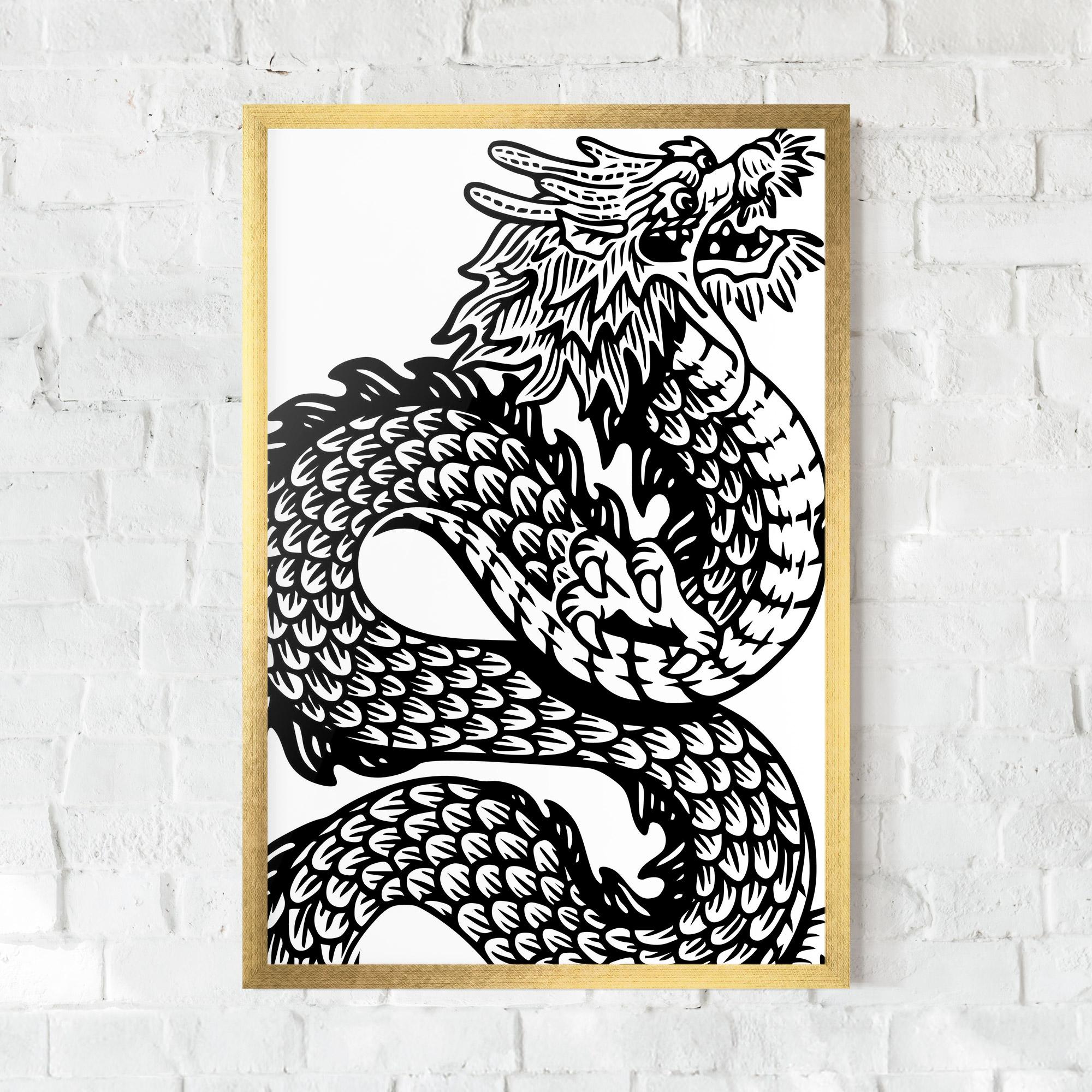 Gerahmte Poster Dragon Black Line mockup 0