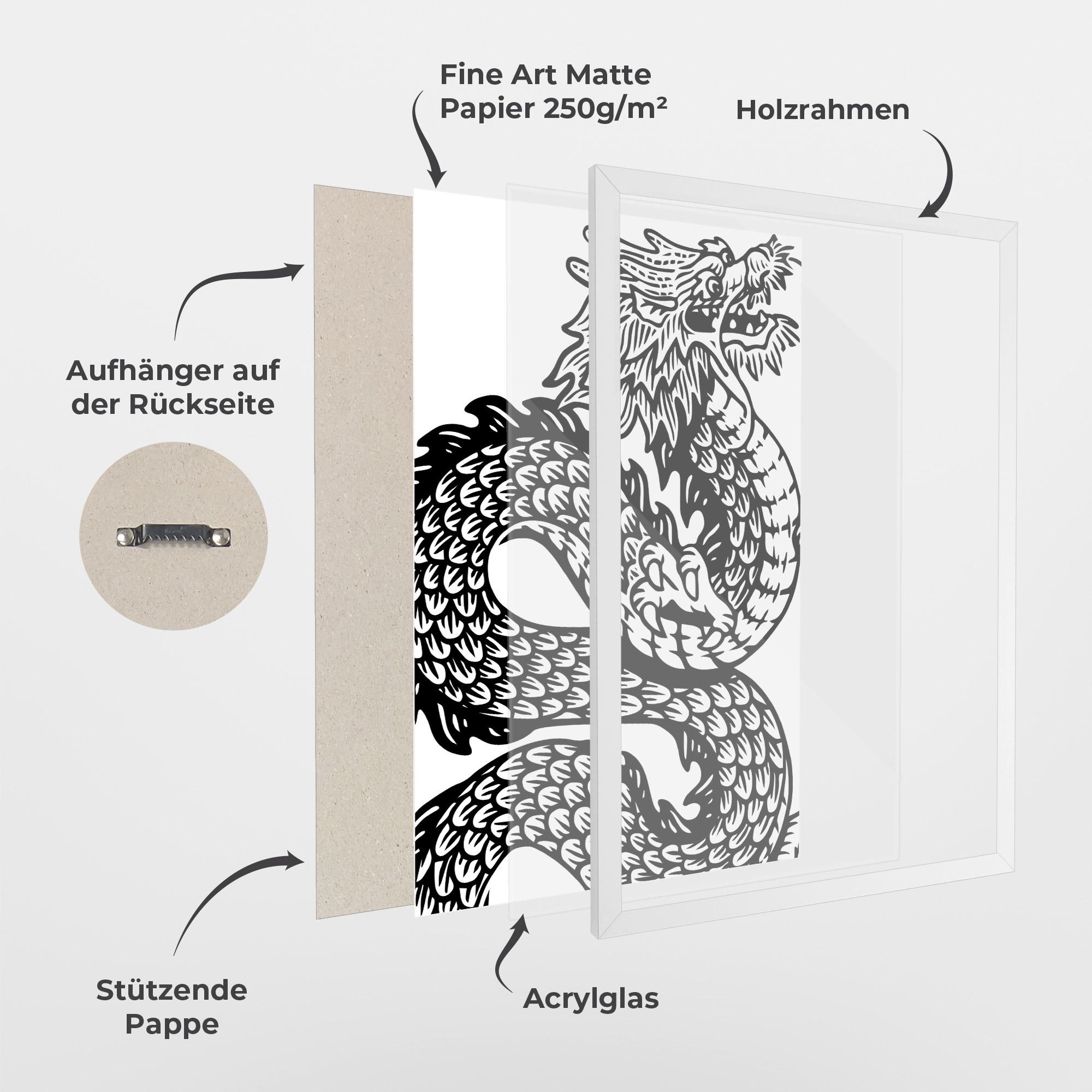 Gerahmte Poster Dragon Black Line mockup 1