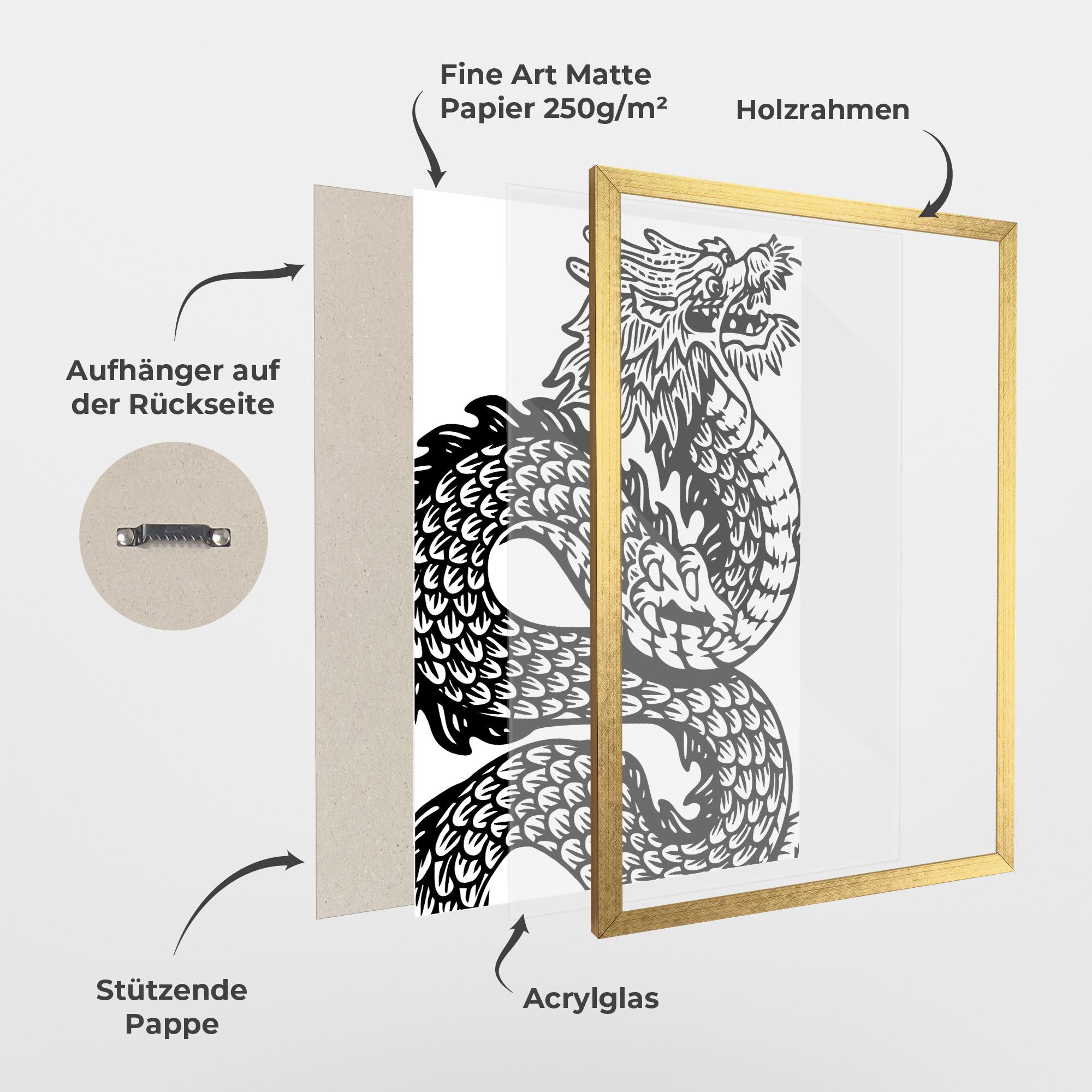 Gerahmte Poster Dragon Black Line mockup 1
