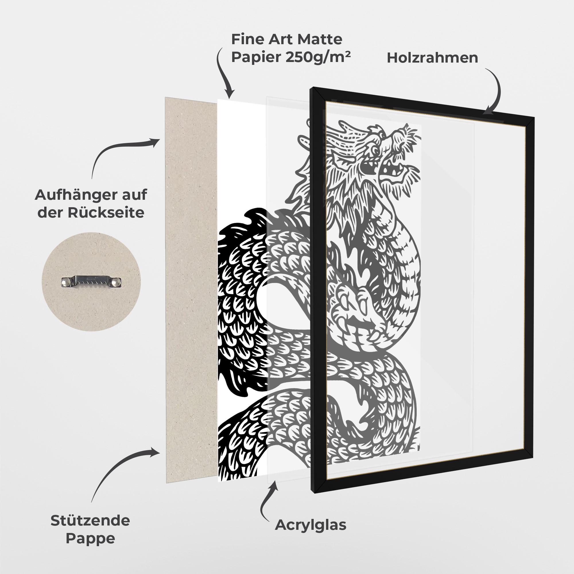 Gerahmte Poster Dragon Black Line mockup 1