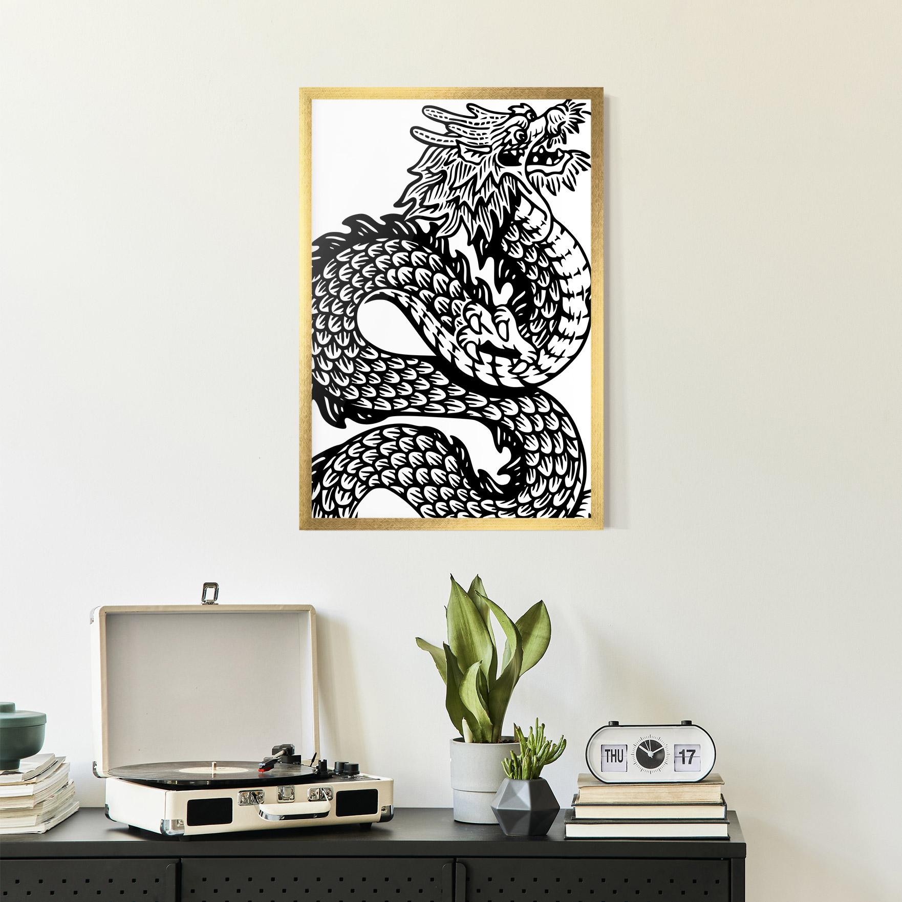 Gerahmte Poster Dragon Black Line mockup 2