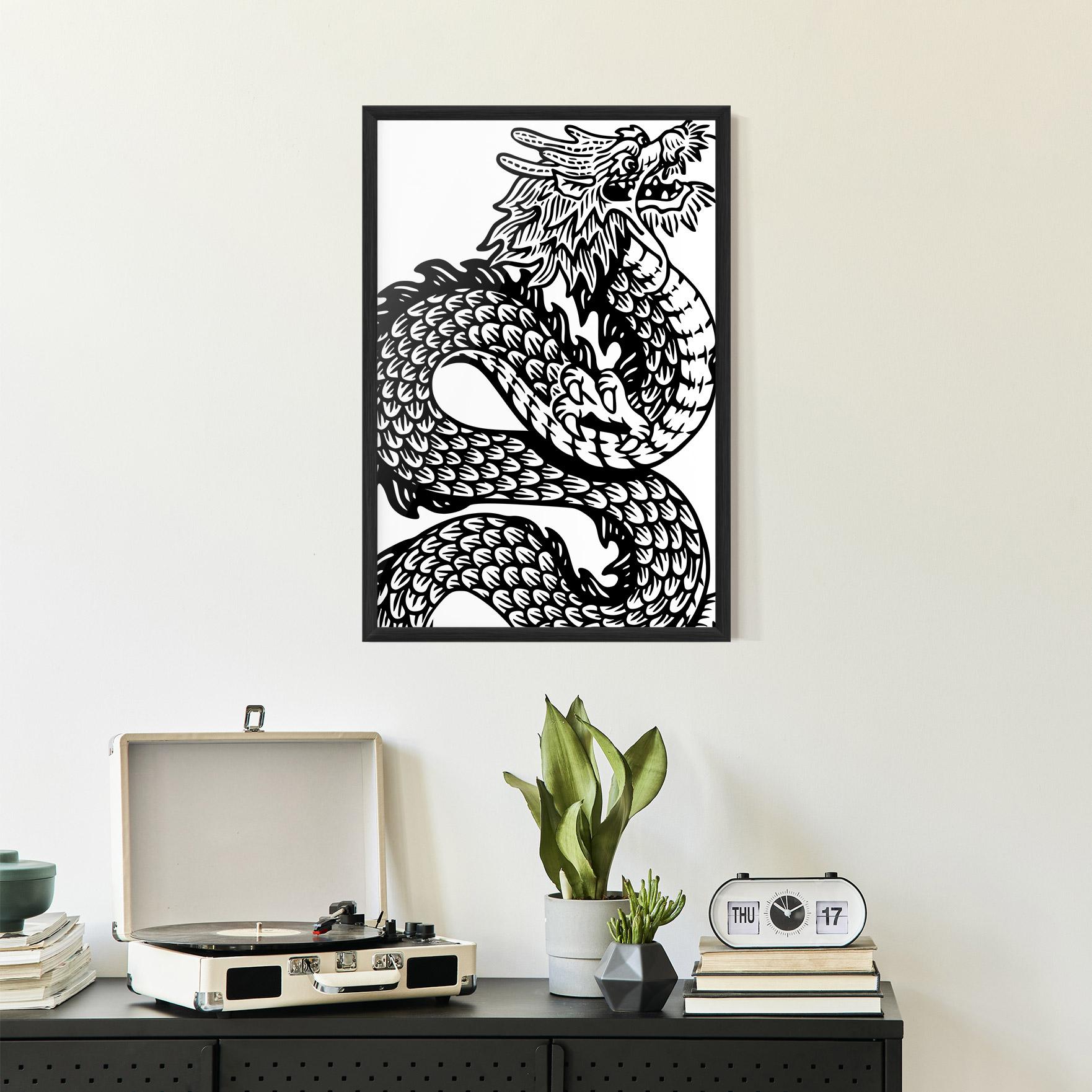 Gerahmte Poster Dragon Black Line mockup 2