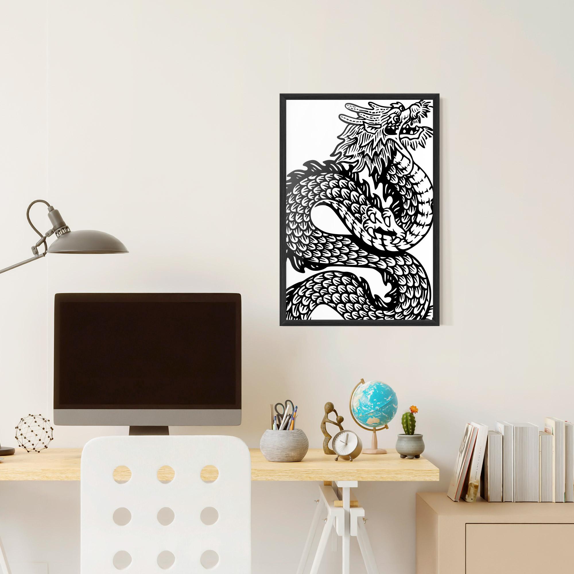 Gerahmte Poster Dragon Black Line mockup 6