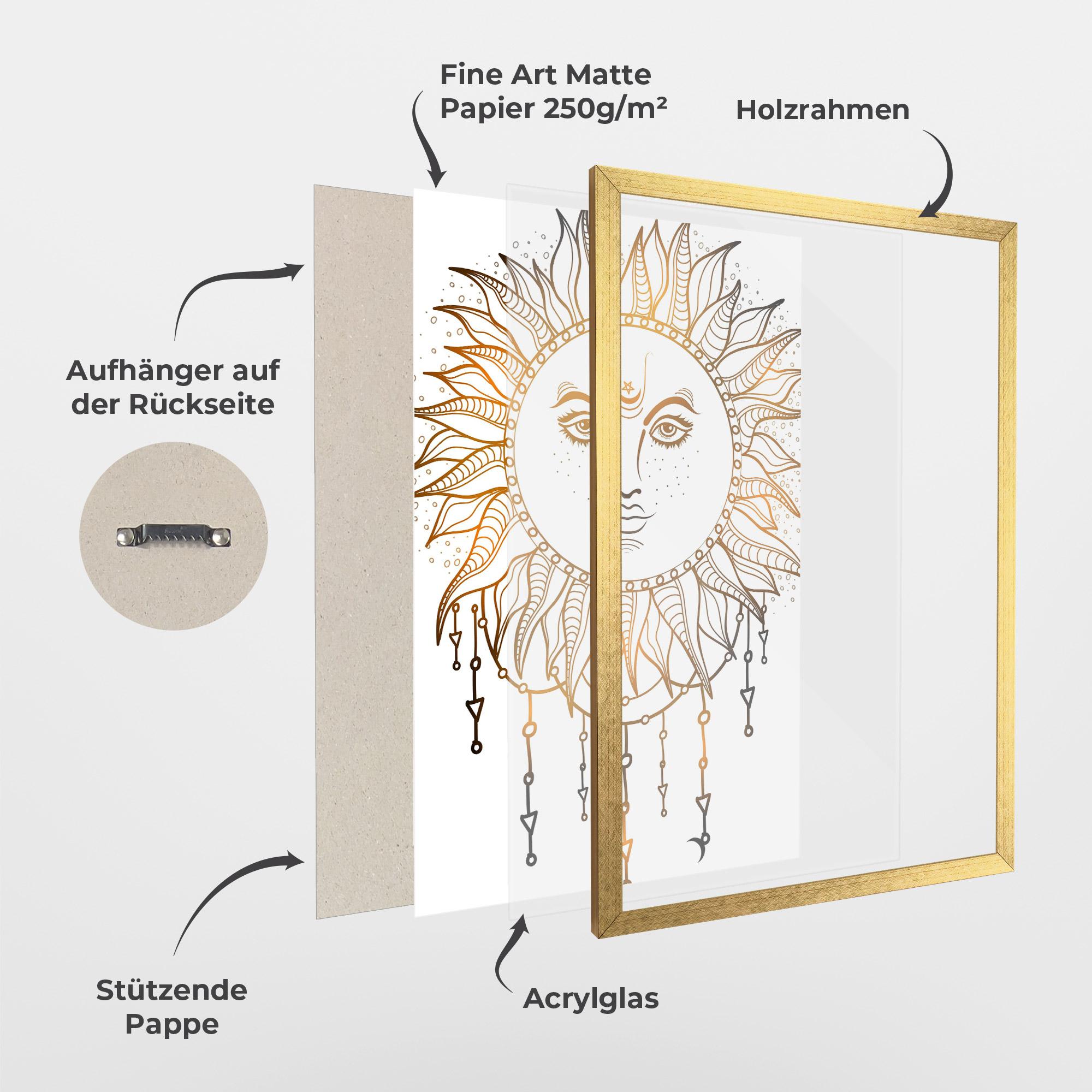 Gerahmte Poster Gold Sun Face mockup 1