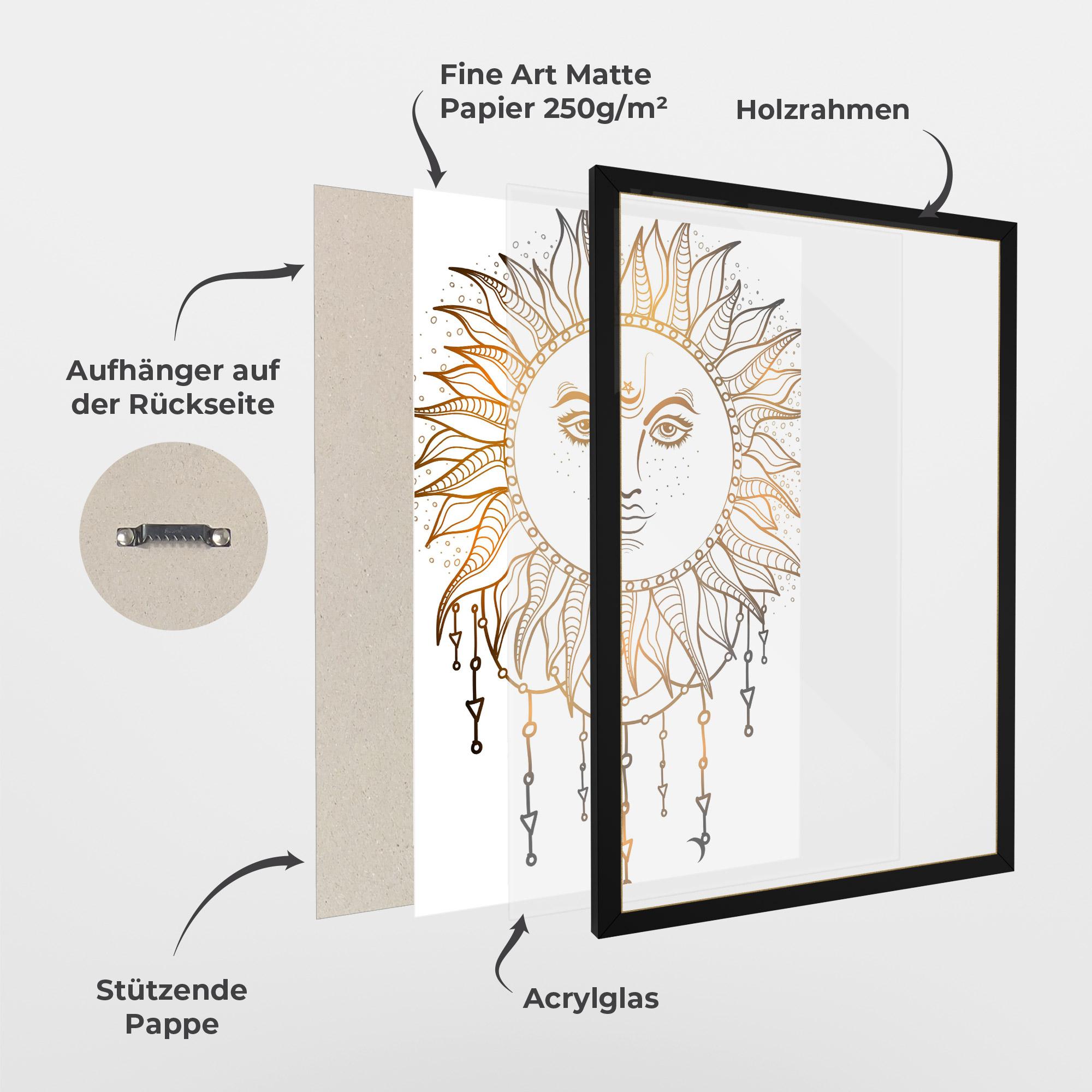 Gerahmte Poster Gold Sun Face mockup 1