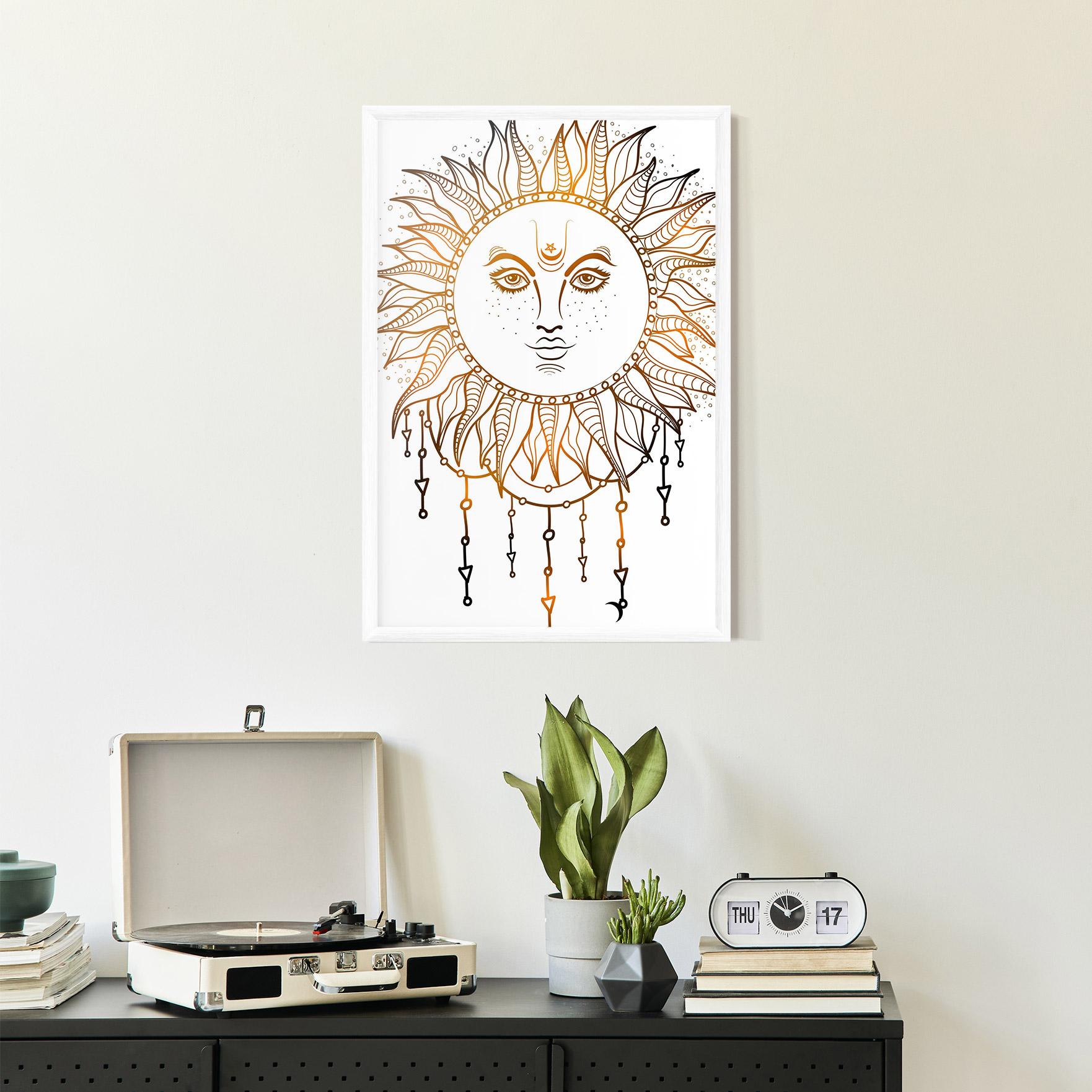 Gerahmte Poster Gold Sun Face mockup 2