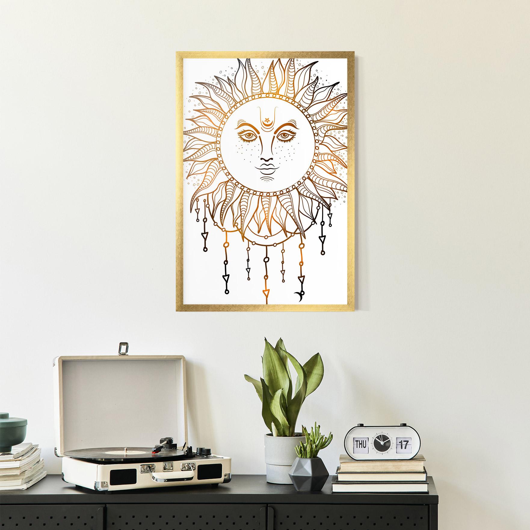 Gerahmte Poster Gold Sun Face mockup 2