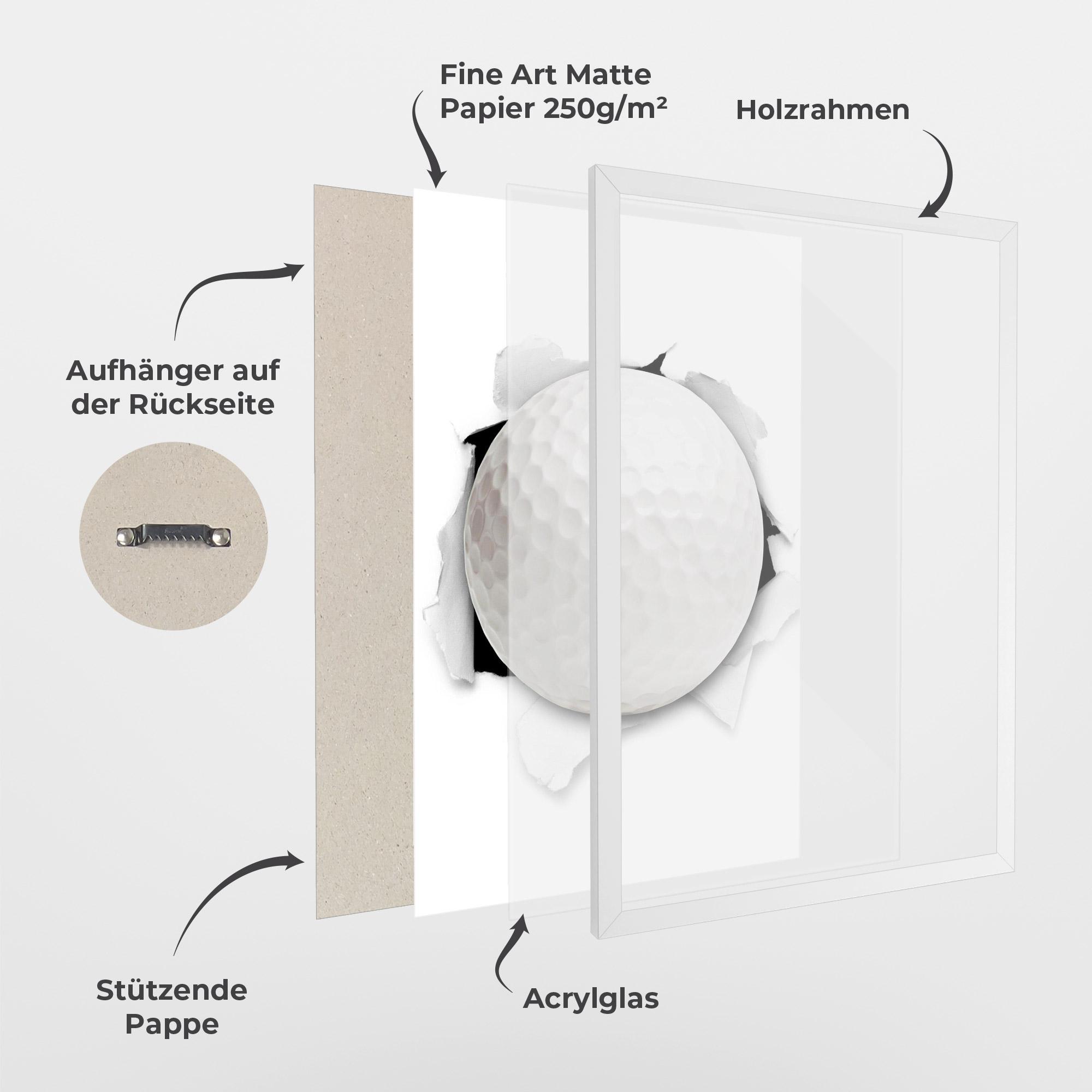 Gerahmte Poster Golf Ball Bursting Hole mockup 1
