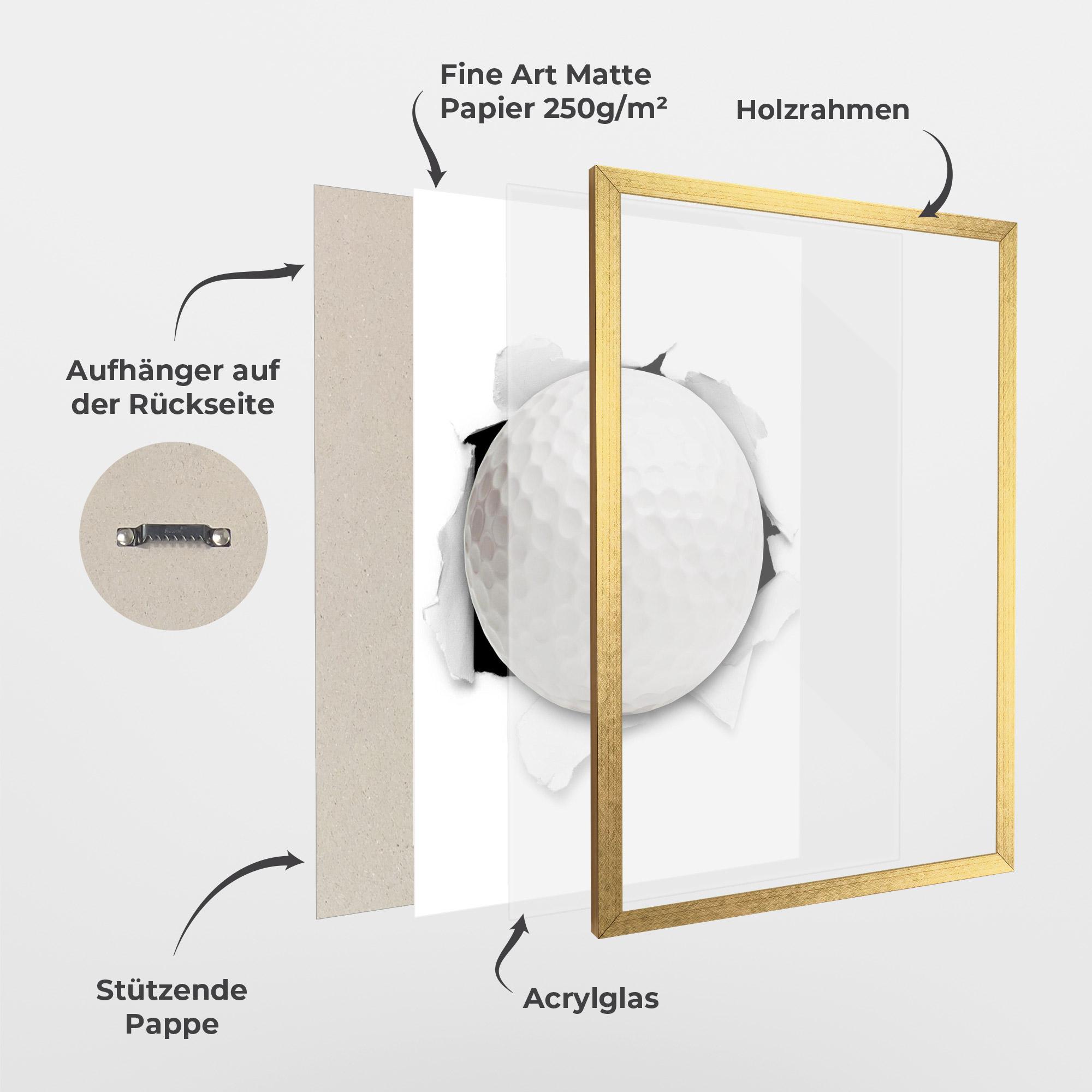 Gerahmte Poster Golf Ball Bursting Hole mockup 1