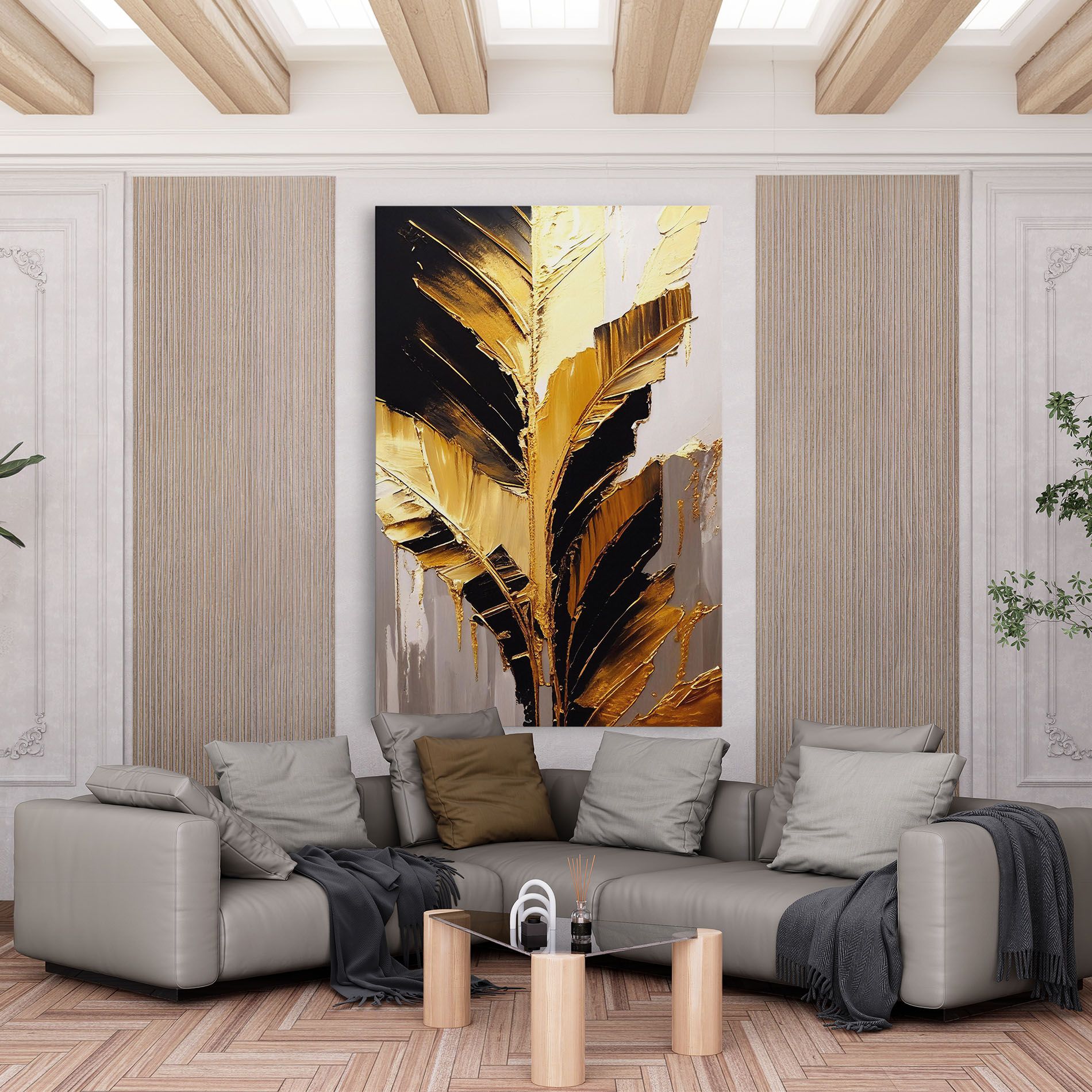 Leinwandbild Balck With Gold Leafs
