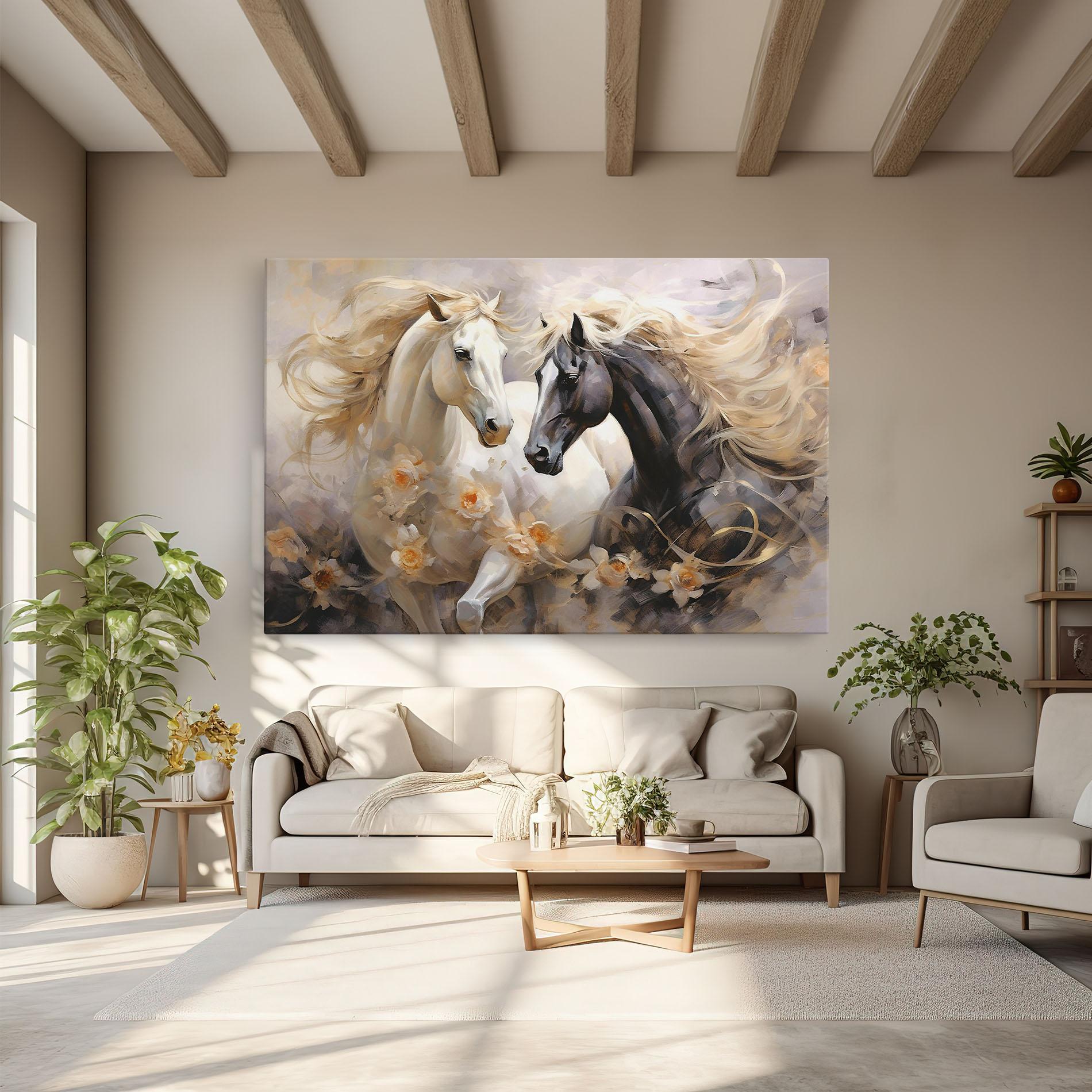 Leinwandbild Black And White Horses mockup 6