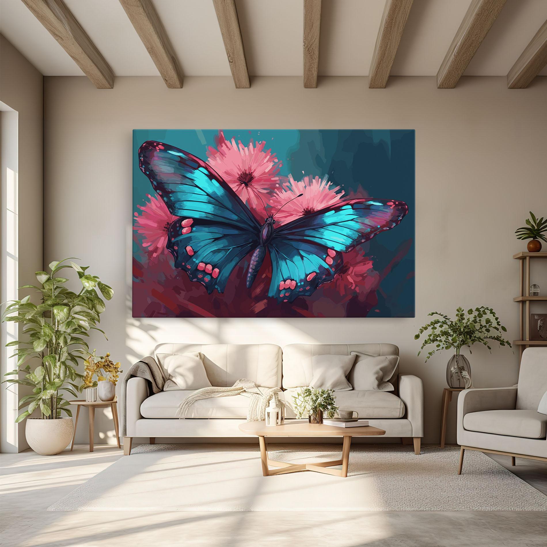 Leinwandbild Blue Butterfly On Pink mockup 6