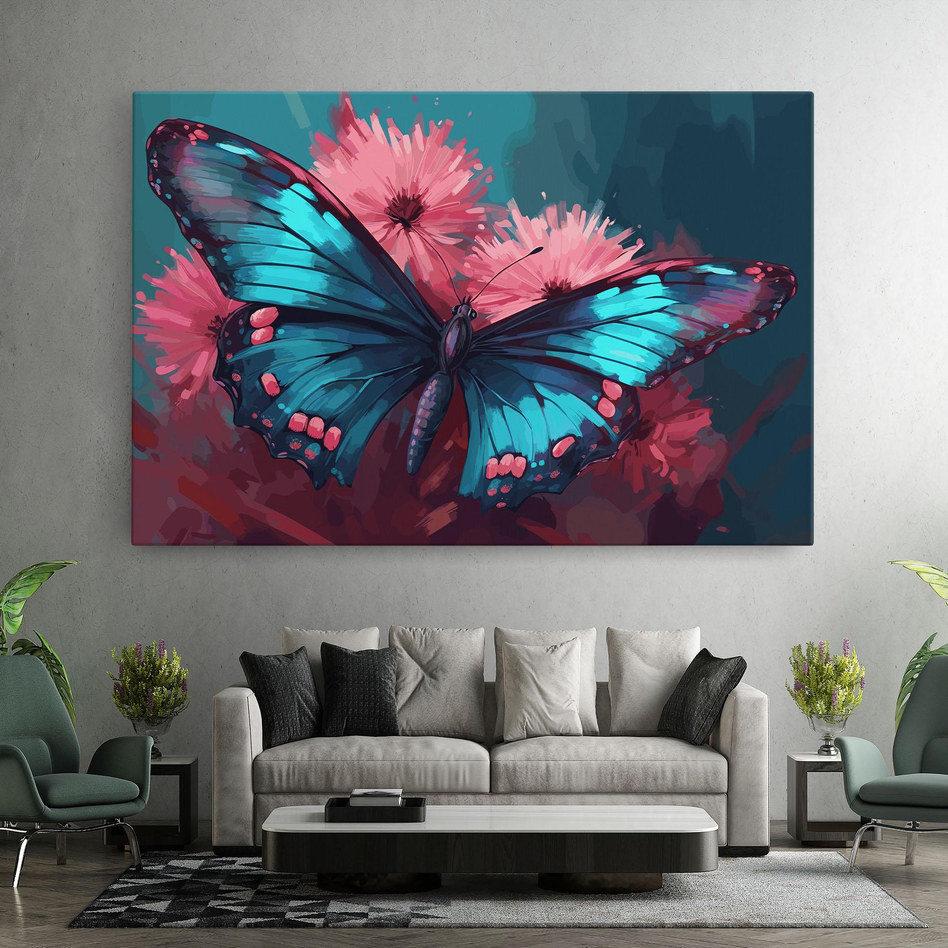 Leinwandbild Blue Butterfly On Pink mockup 7