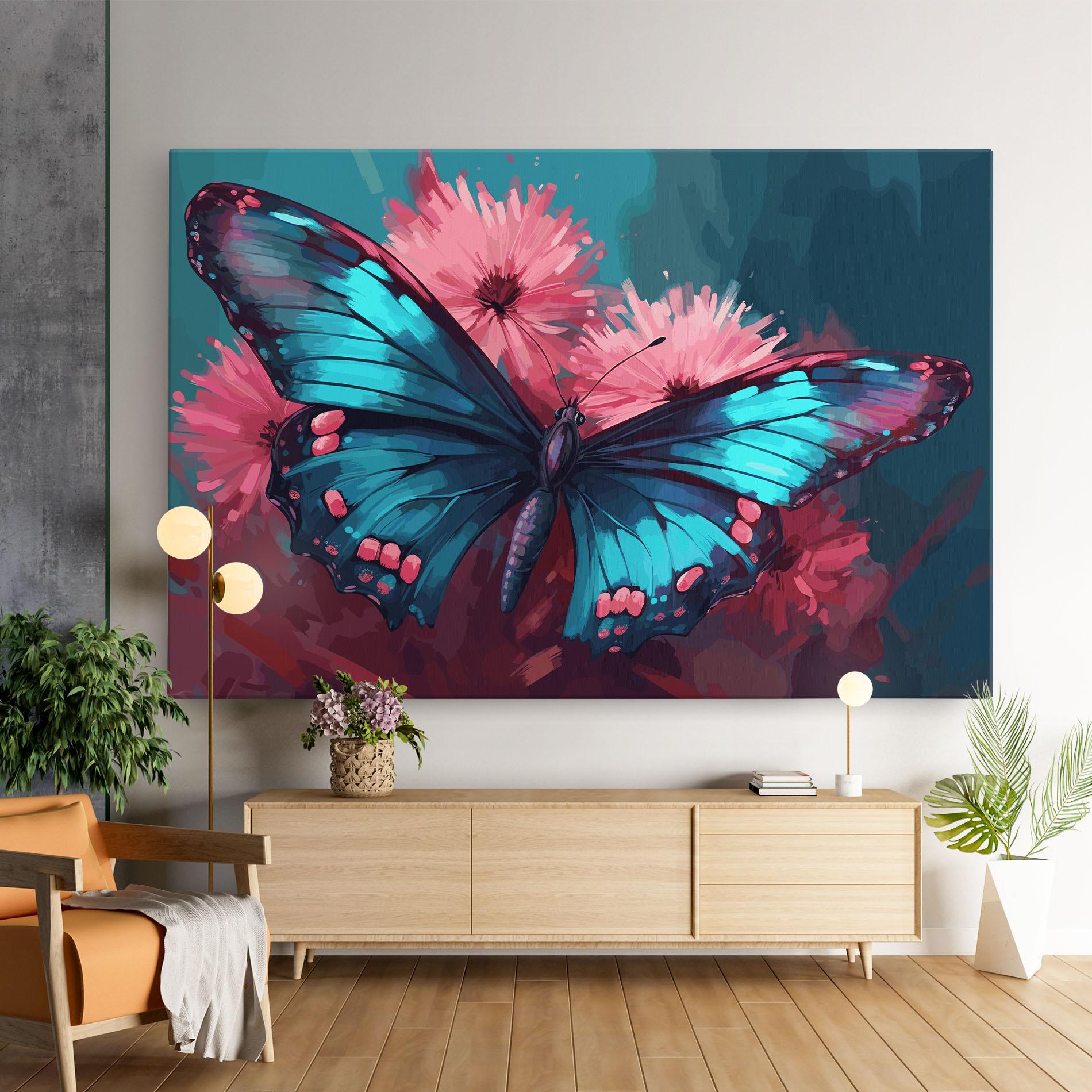 Leinwandbild Blue Butterfly On Pink mockup 9